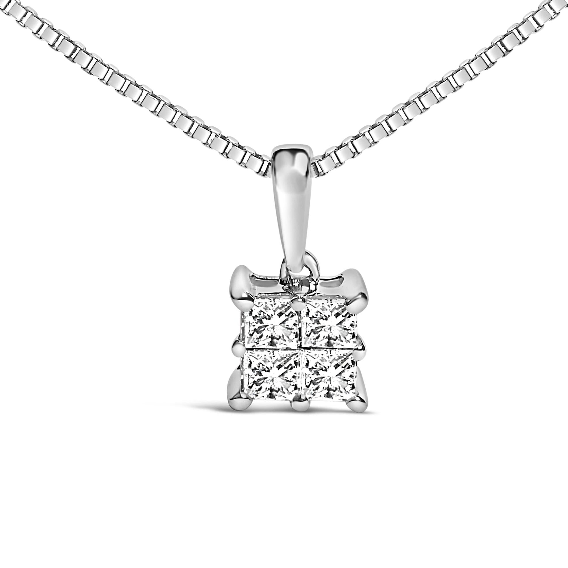 Sterling Silver 1/4 Cttw Princess Cut Diamond 4 Stone Pendant Necklace-1
