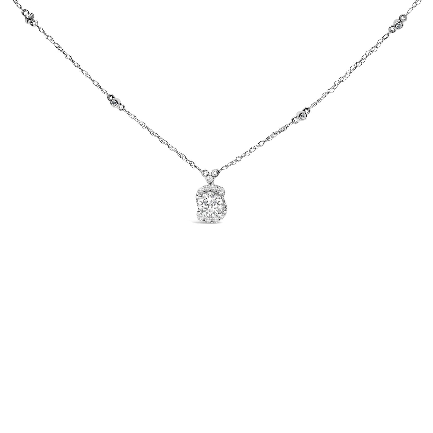 Sterling Silver 1.00 Cttw Lab Grown Diamond Oval Halo Pendant Bezel Station Necklace-0