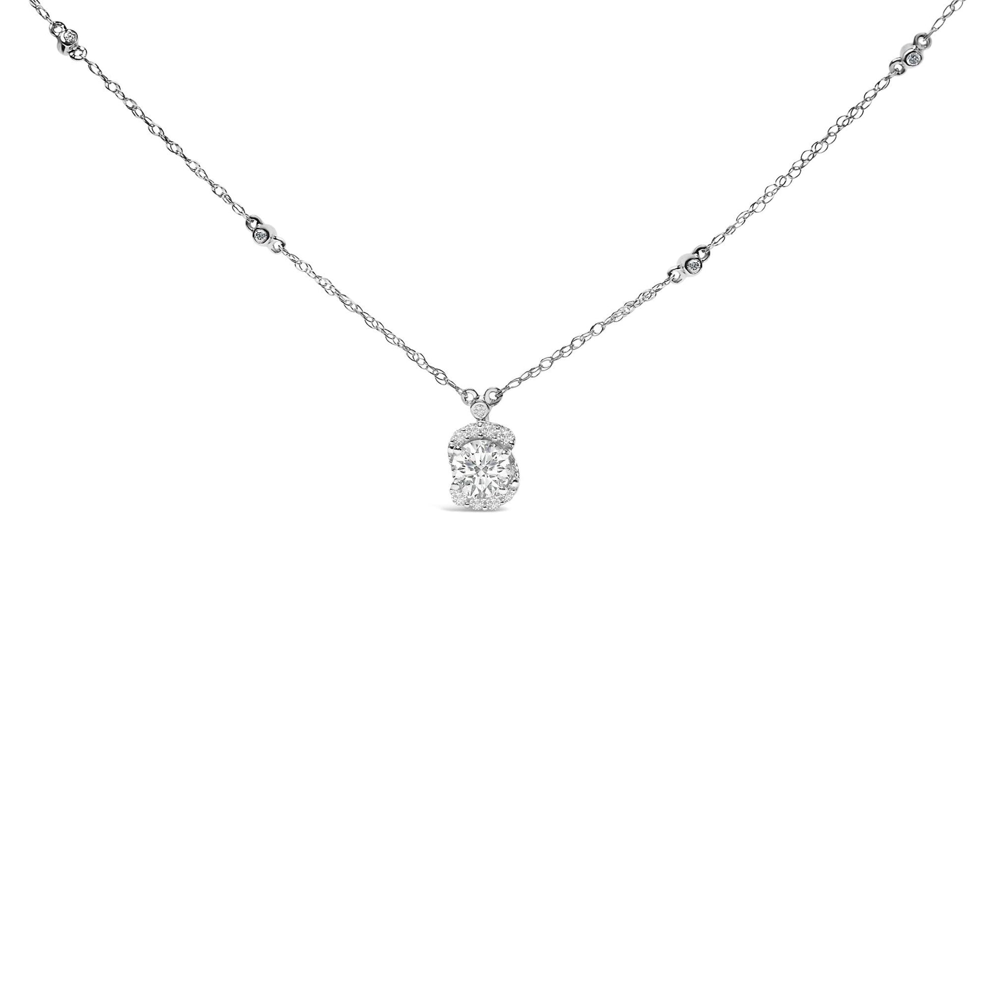 Sterling Silver 1.00 Cttw Lab Grown Diamond Oval Halo Pendant Bezel Station Necklace-0