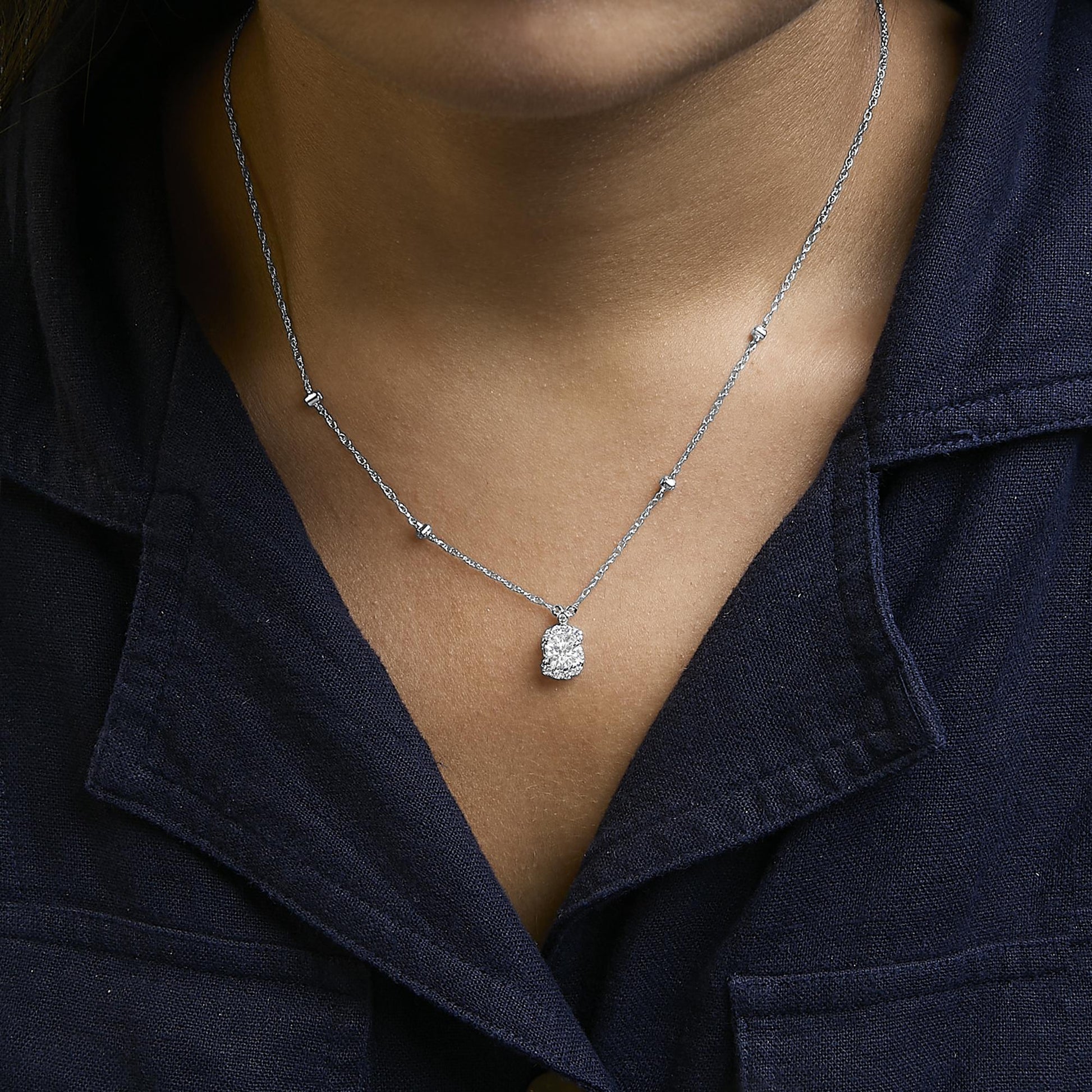 Sterling Silver 1.00 Cttw Lab Grown Diamond Oval Halo Pendant Bezel Station Necklace-2