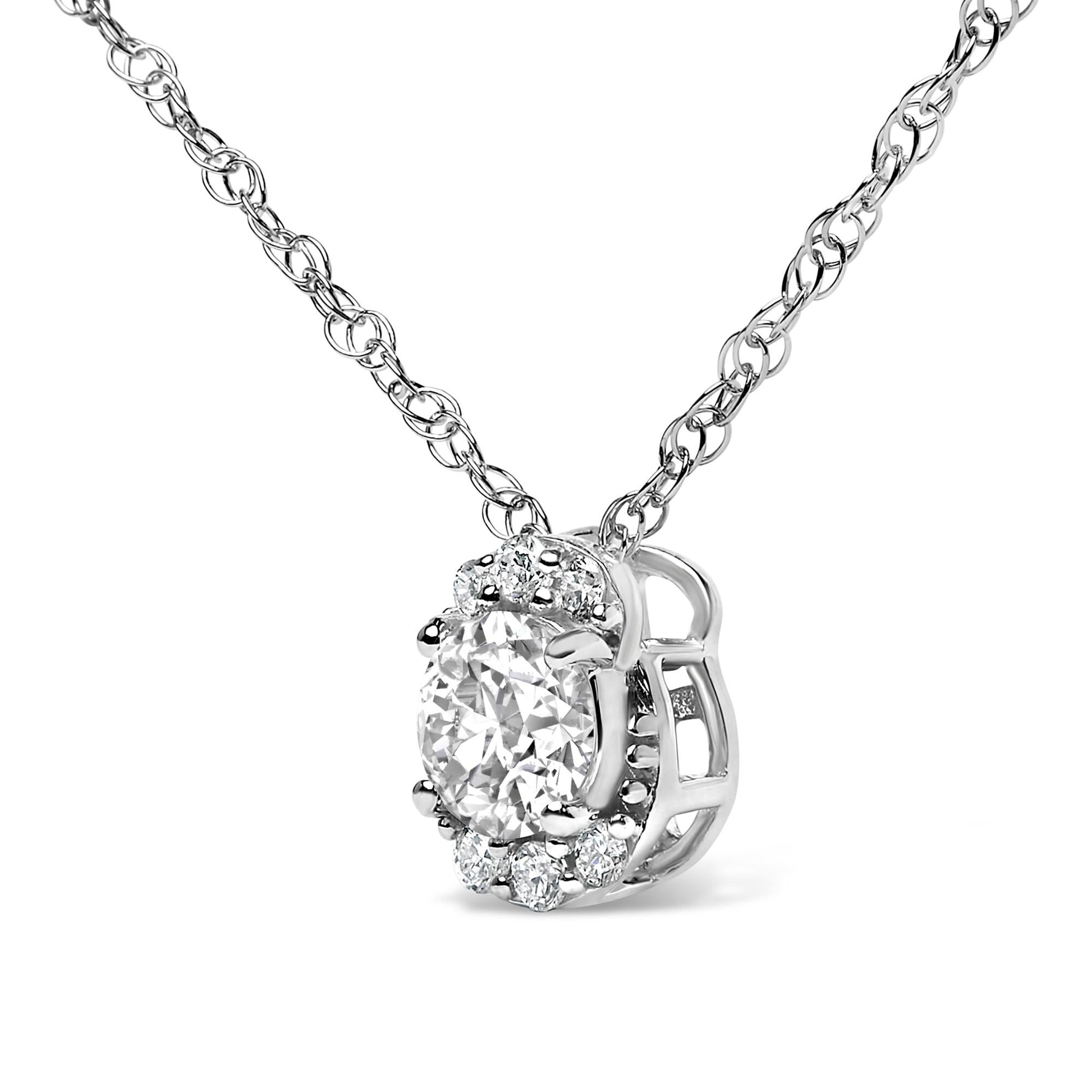 Sterling Silver 1/2 Cttw Lab Grown Diamond Oval Halo Pendant Necklace-3