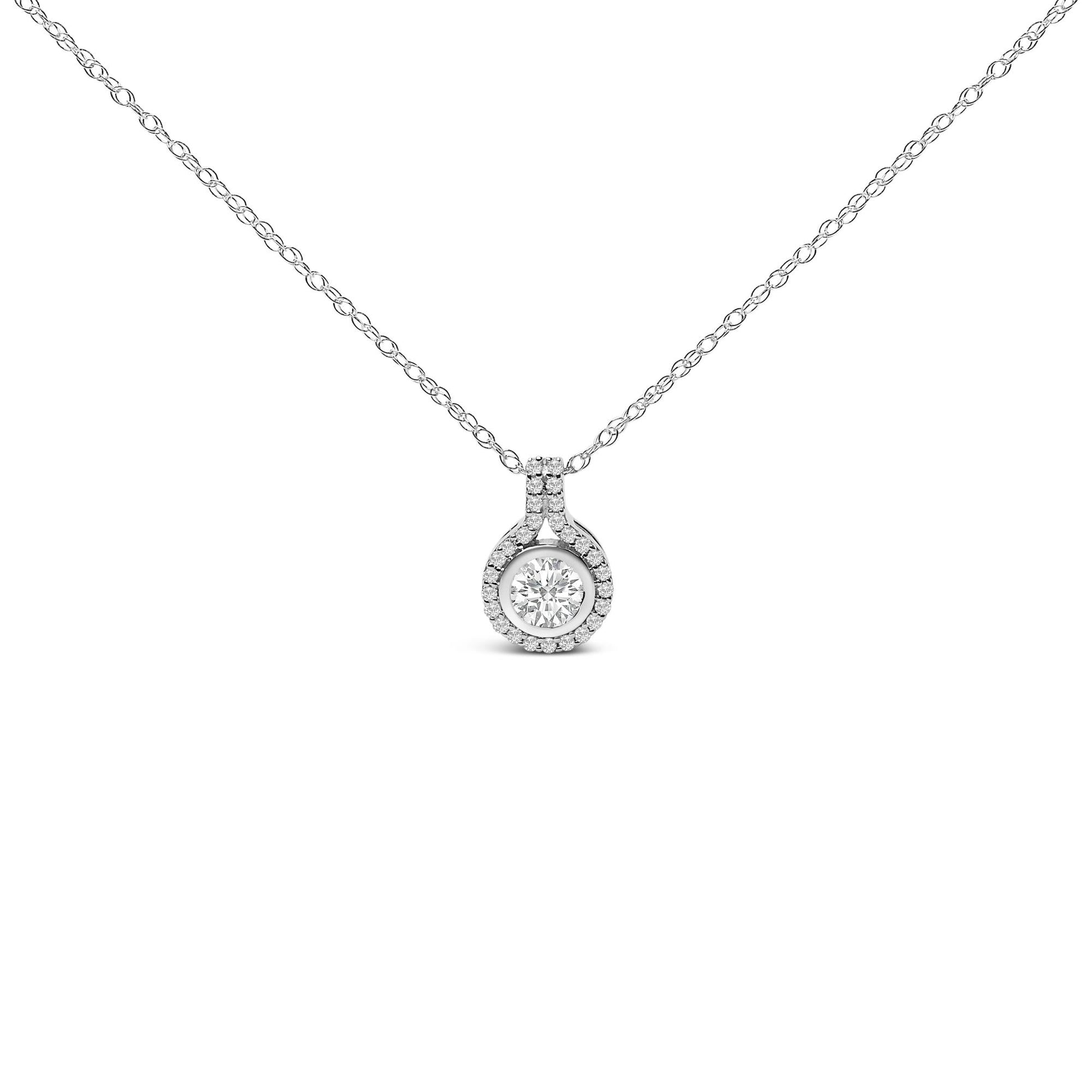Sterling Silver 3/4 Cttw Lab Grown Diamond Halo Pendant Necklace-0
