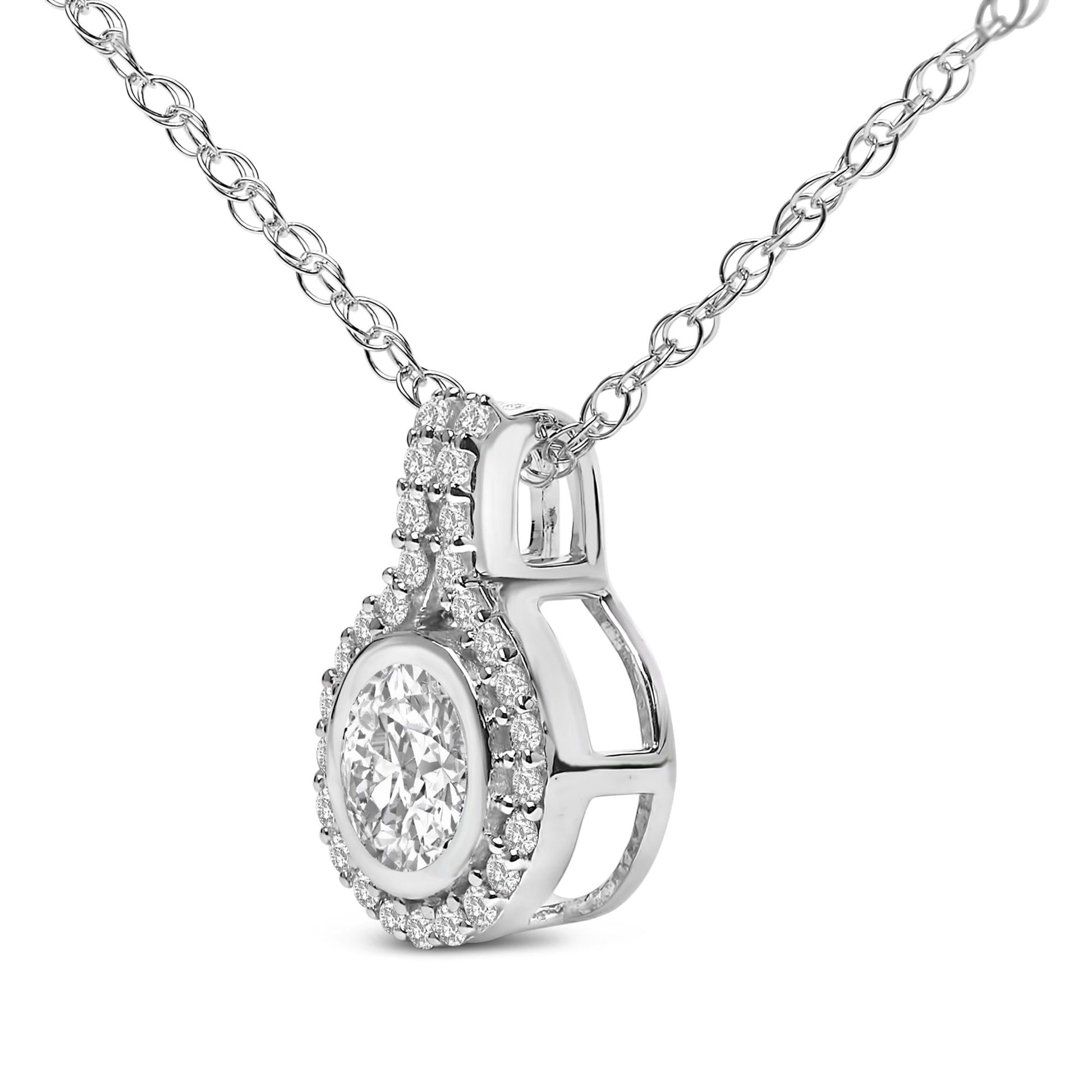 Sterling Silver 3/4 Cttw Lab Grown Diamond Halo Pendant Necklace-3