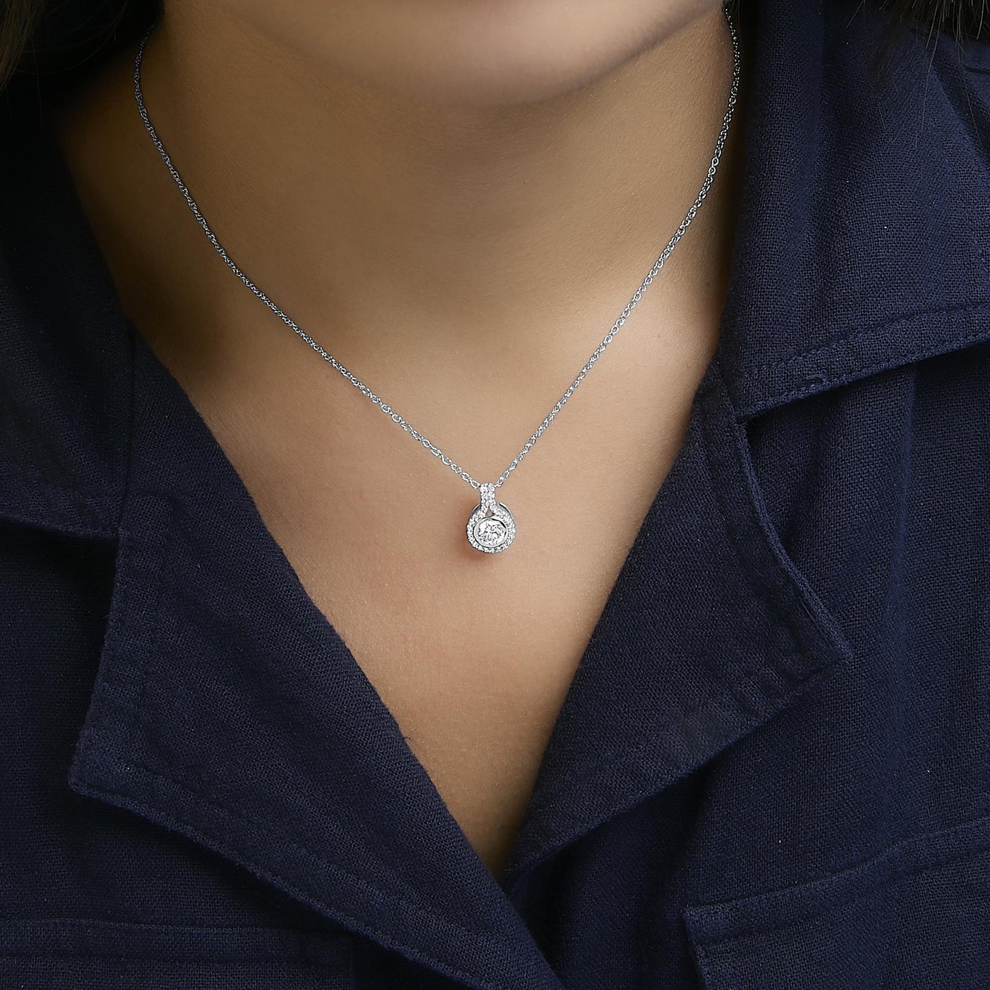 Sterling Silver 3/4 Cttw Lab Grown Diamond Halo Pendant Necklace-2
