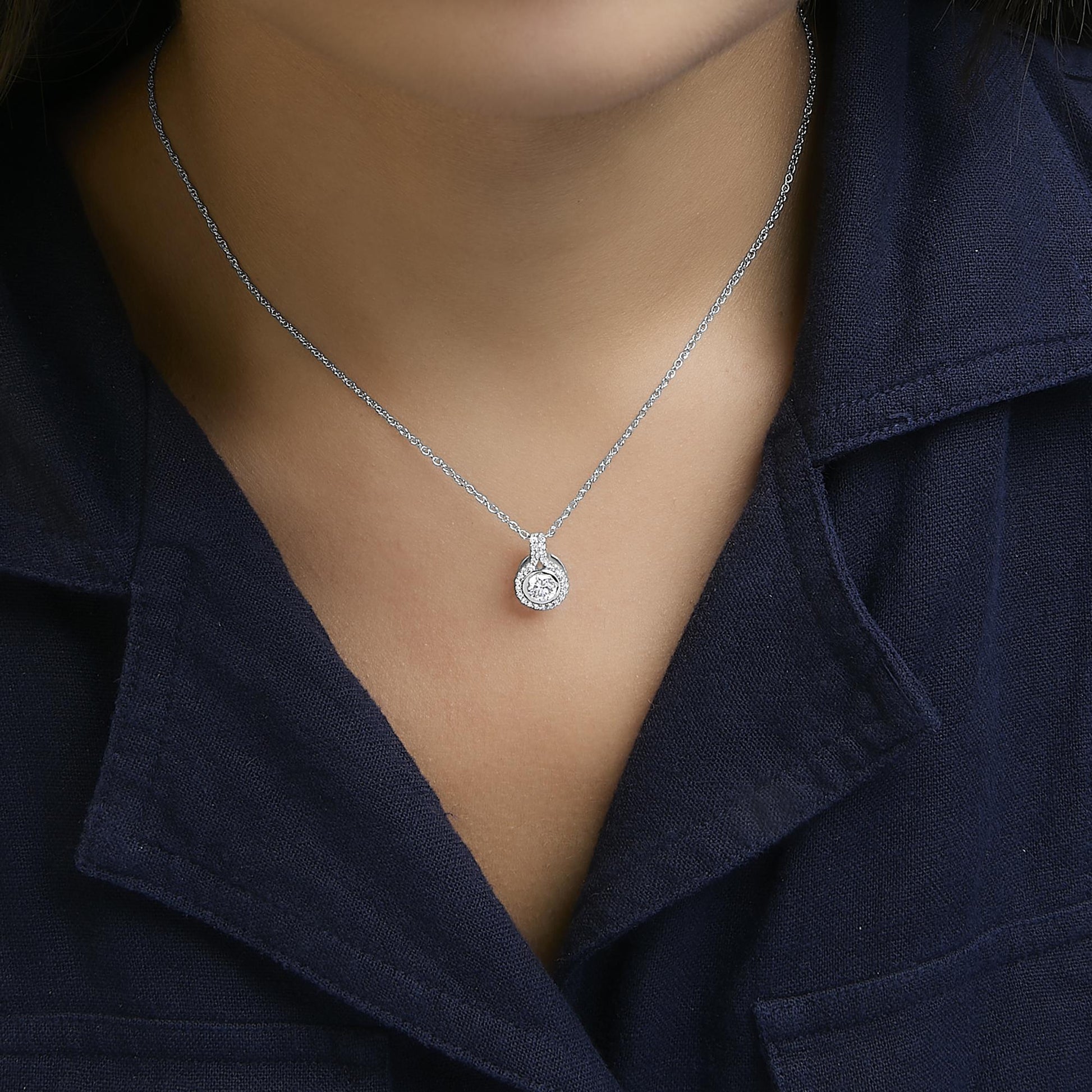 Sterling Silver 3/4 Cttw Lab Grown Diamond Halo Pendant Necklace-2