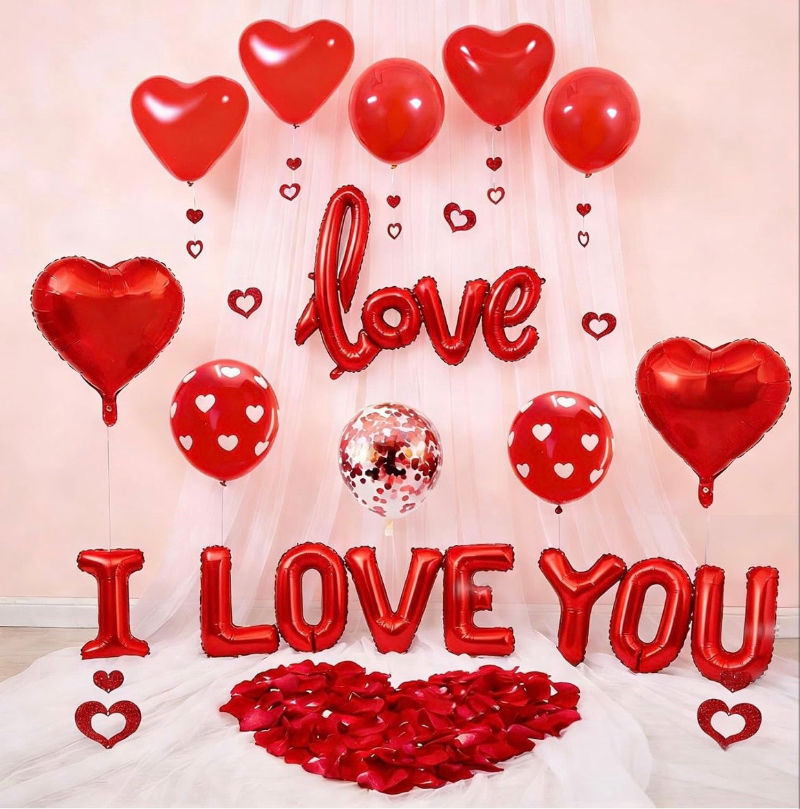 1100 PCS Valentine's Day Balloons Kit with XOXO, Red Heart and I Love You Balloons, 1000 Silk Rose Petals, 50 Heart Hangers for Valentines Decorations Anniversary, Proposal, Romantic Wedding Party
