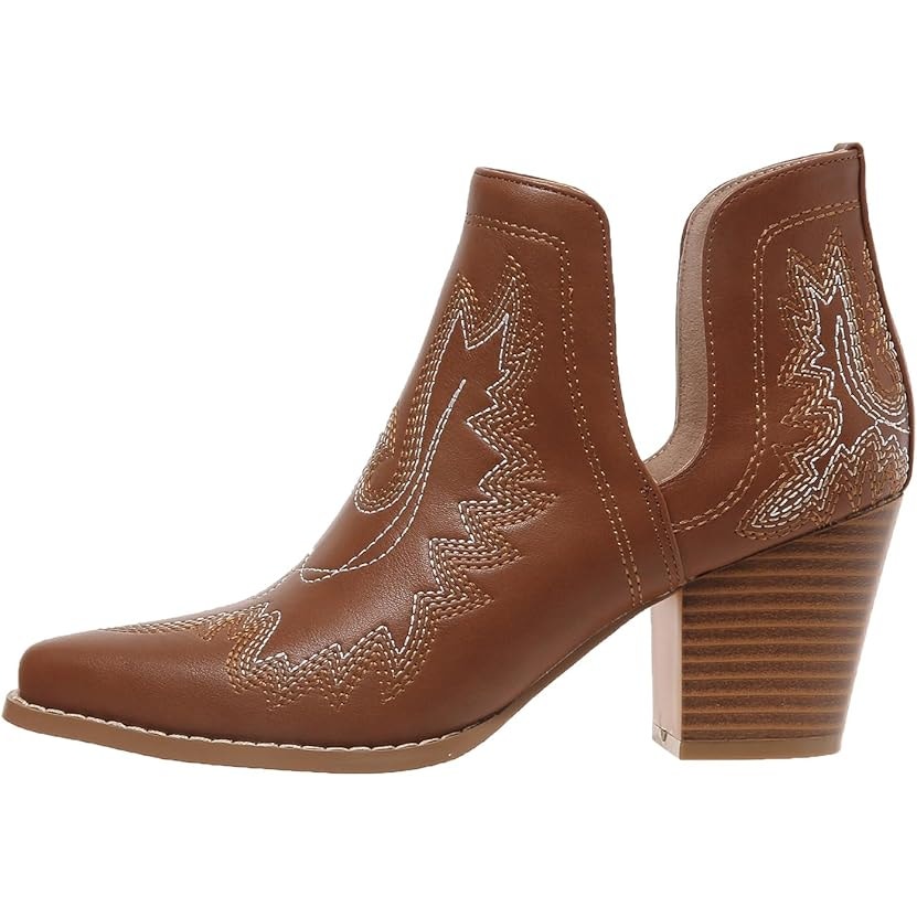 New Womens Size 5 Brown Foux Leather Embroidered 3" Block Heel Cowboy Boots
