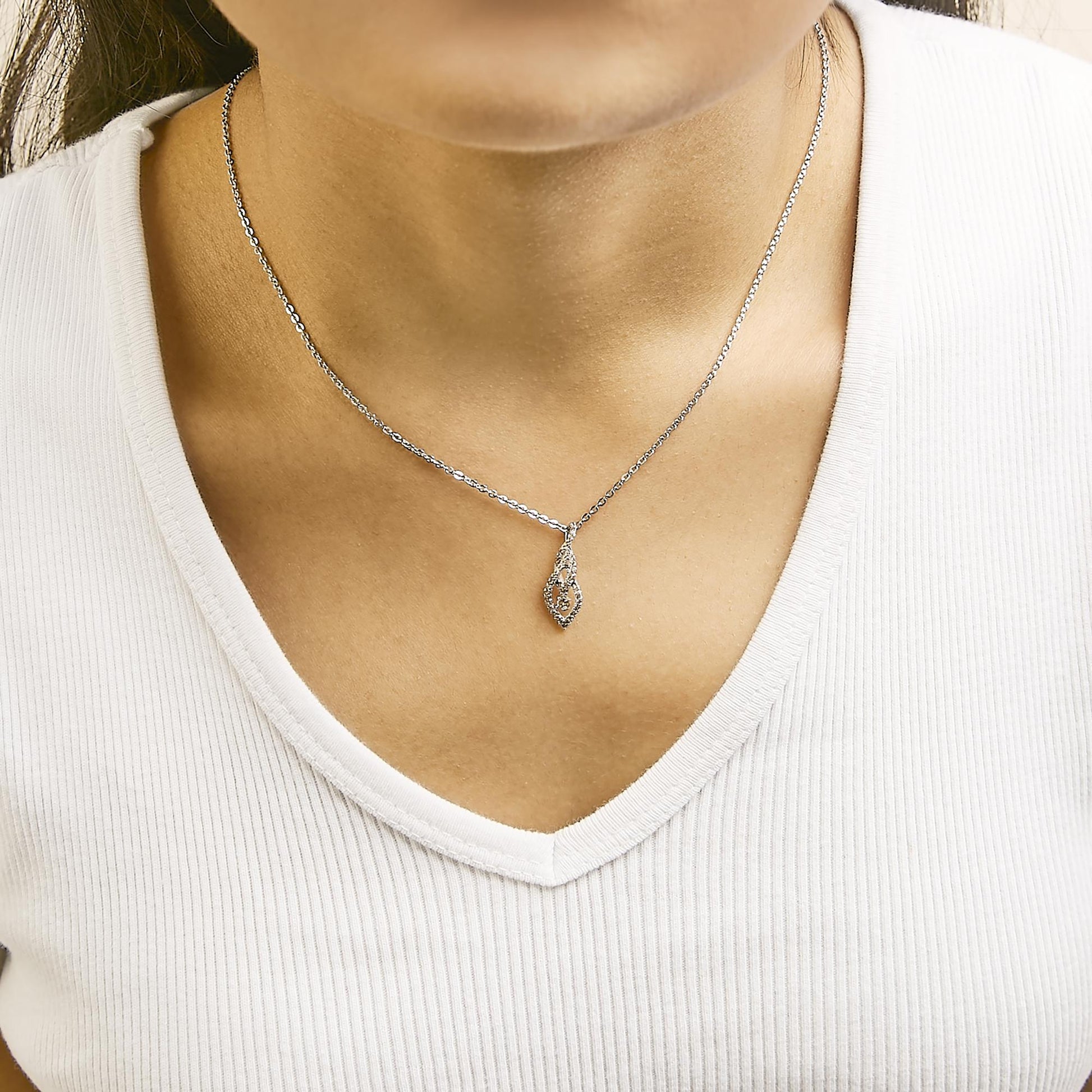 Sterling Silver 1/3 Cttw Diamond Swirl Teardrop Pendant Necklace-2