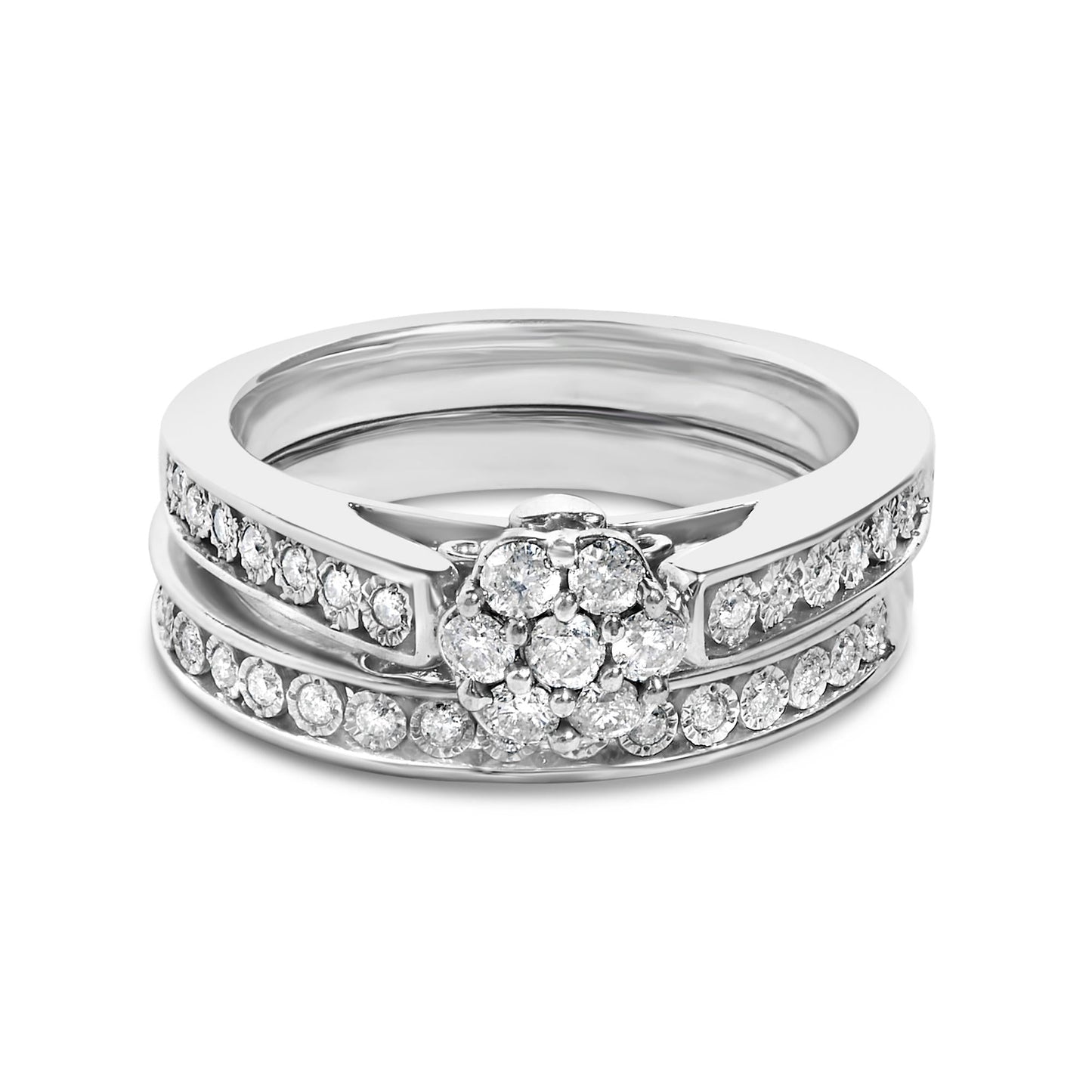 Sterling Silver 1/2 Cttw Diamond Cluster Flower Bridal Set-0