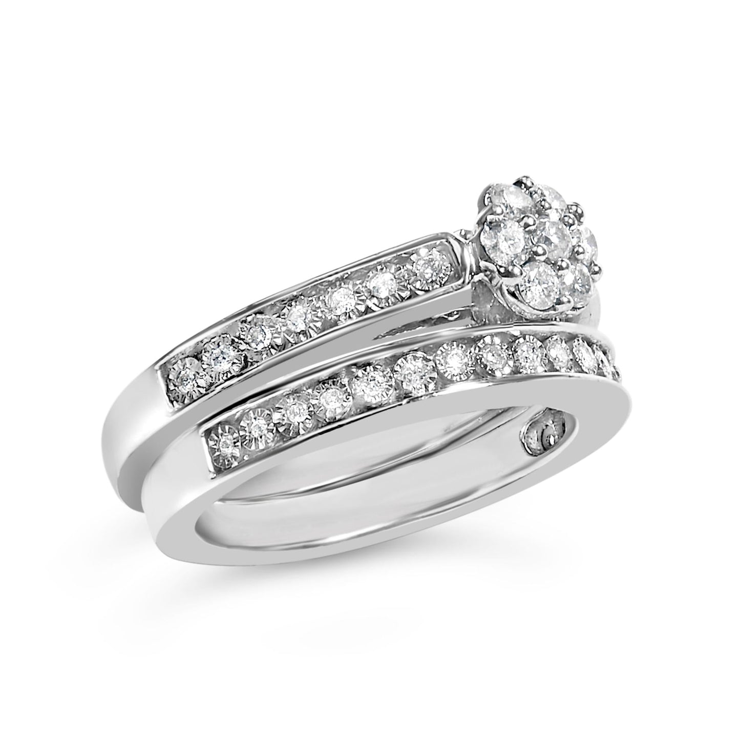 Sterling Silver 1/2 Cttw Diamond Cluster Flower Bridal Set-3