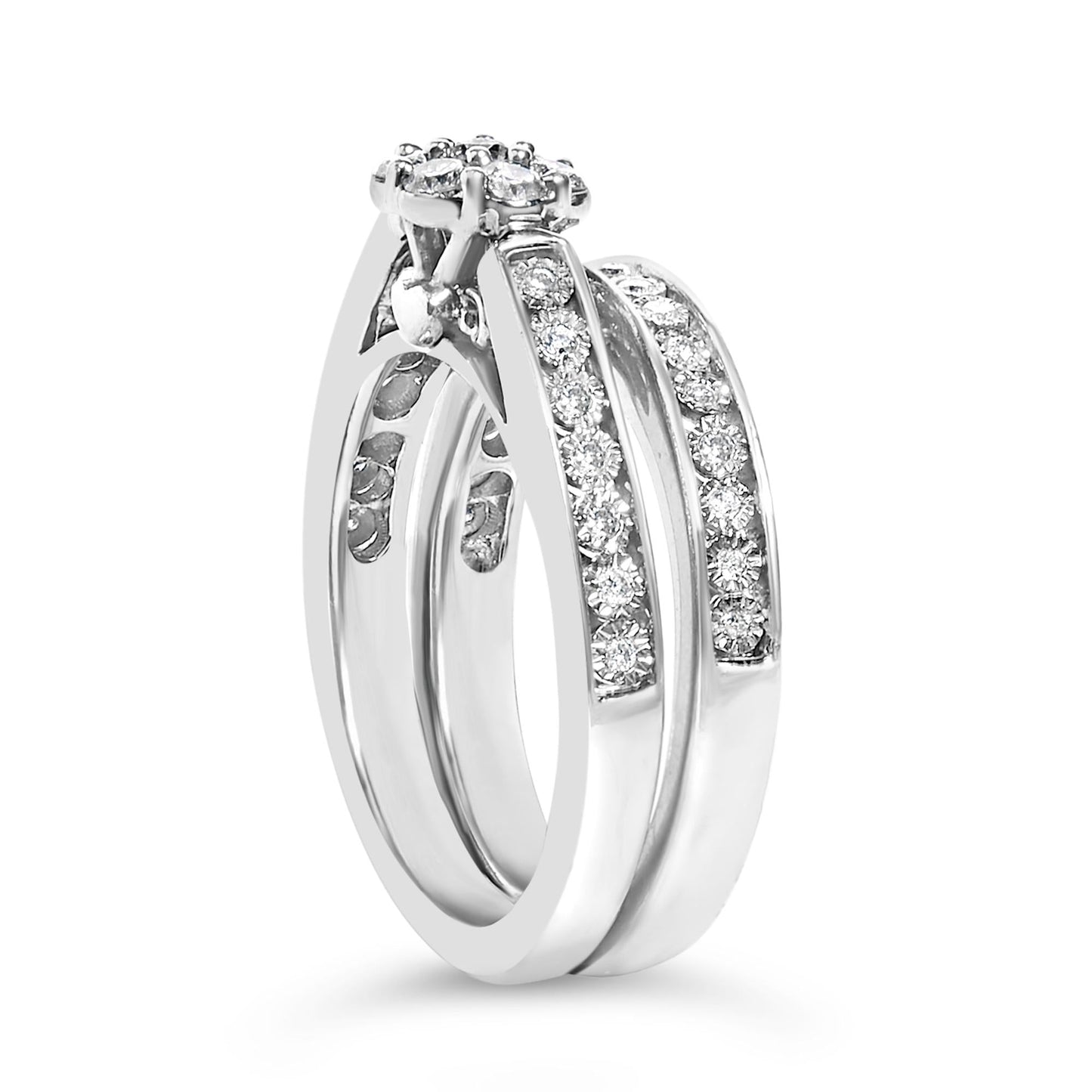 Sterling Silver 1/2 Cttw Diamond Cluster Flower Bridal Set-4