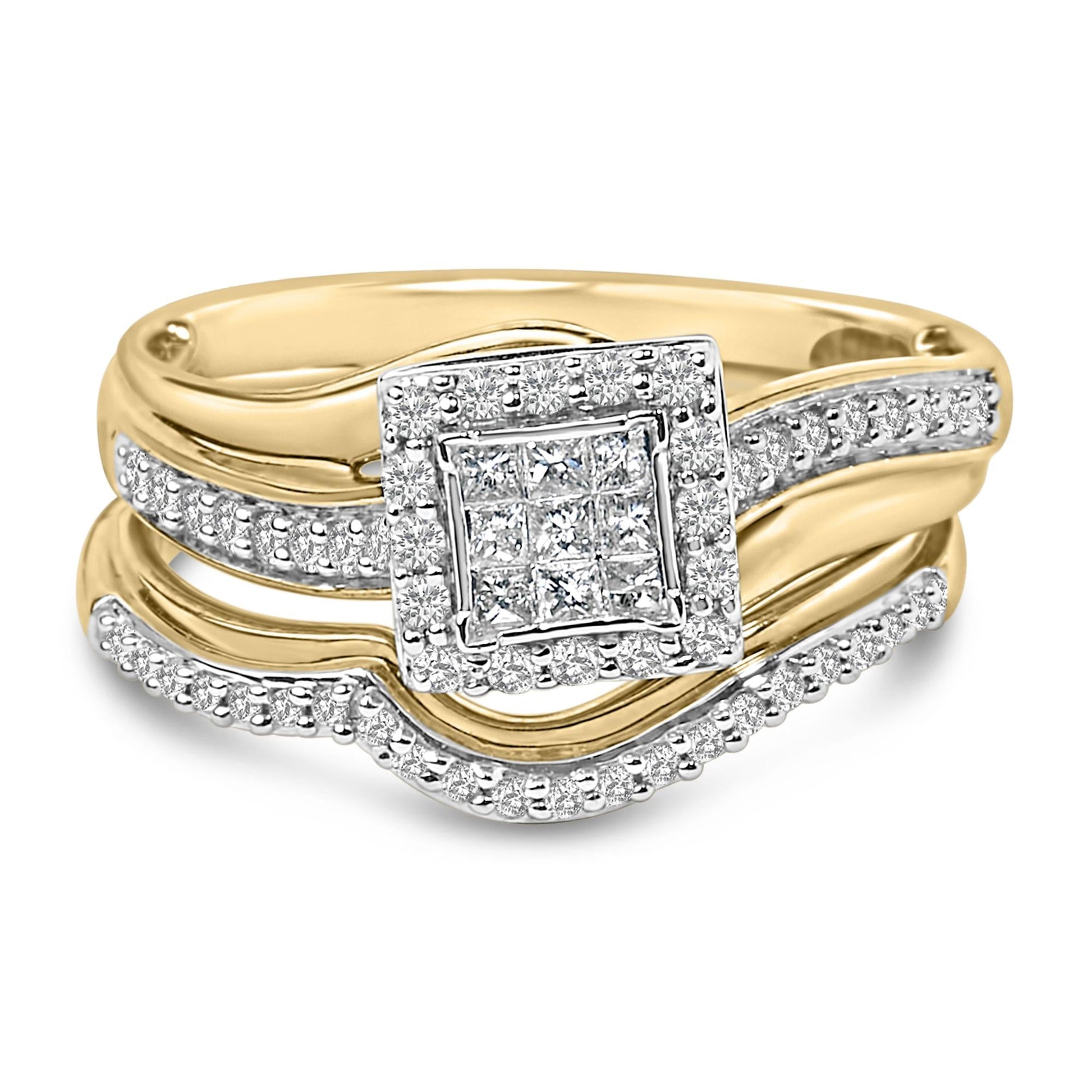 14K Yellow Gold Plated Sterling Silver 1/2 Cttw Princess Square Diamond Bridal Set-0