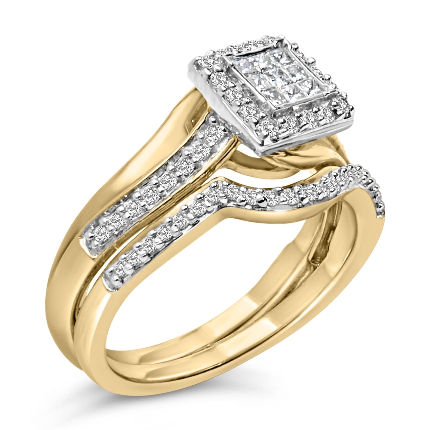 14K Yellow Gold Plated Sterling Silver 1/2 Cttw Princess Square Diamond Bridal Set-3