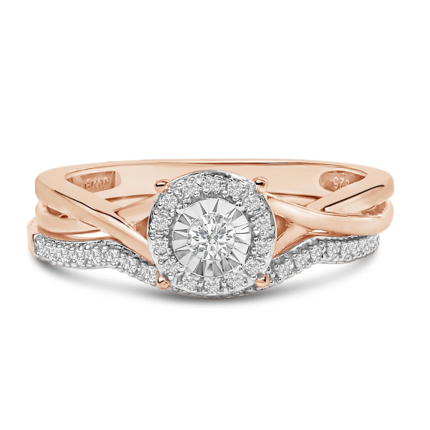 14K Rose Gold Plated Sterling Silver 1/6 Cttw Diamond Round Halo Bridal Set-0