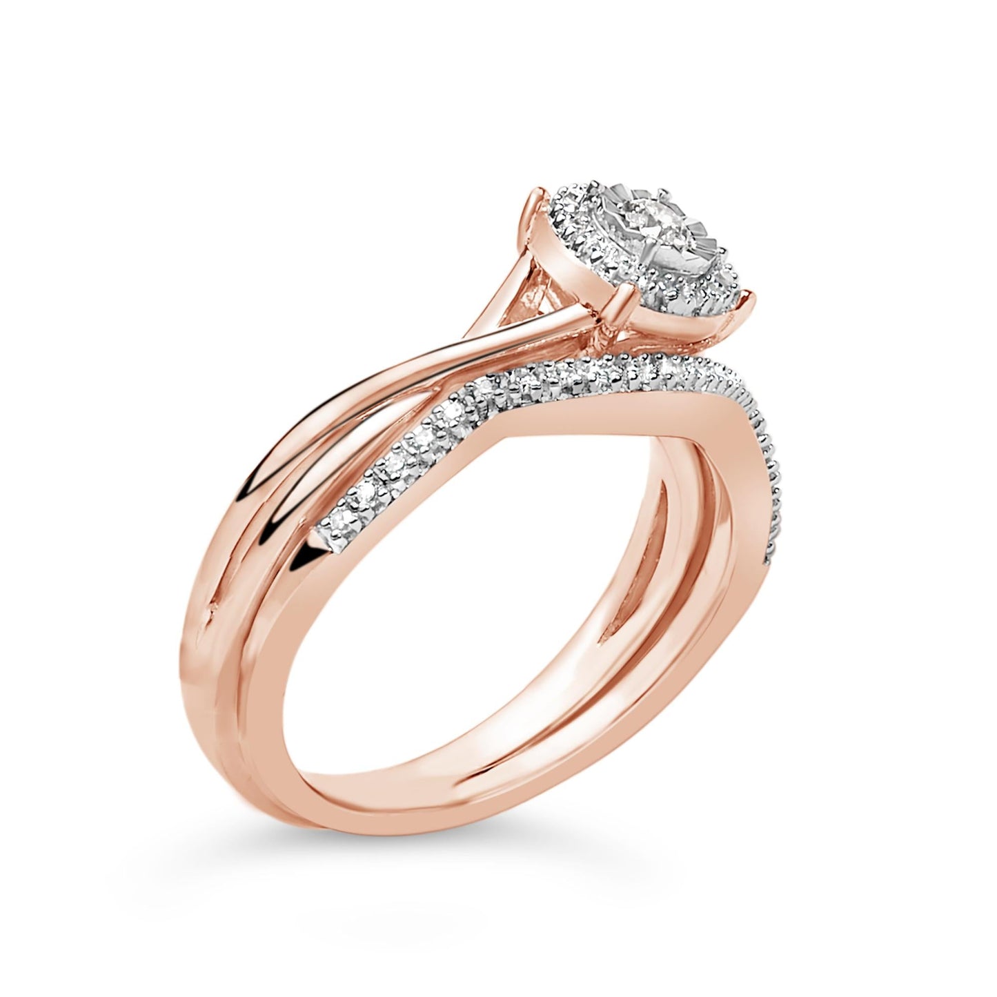 14K Rose Gold Plated Sterling Silver 1/6 Cttw Diamond Round Halo Bridal Set-3