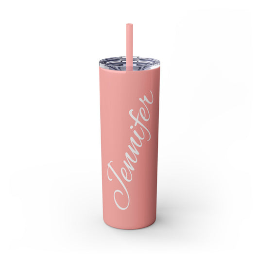 Personalized Skinny Tumbler 20oz – Coral Pink Name Tumbler (Jennifer) with Straw