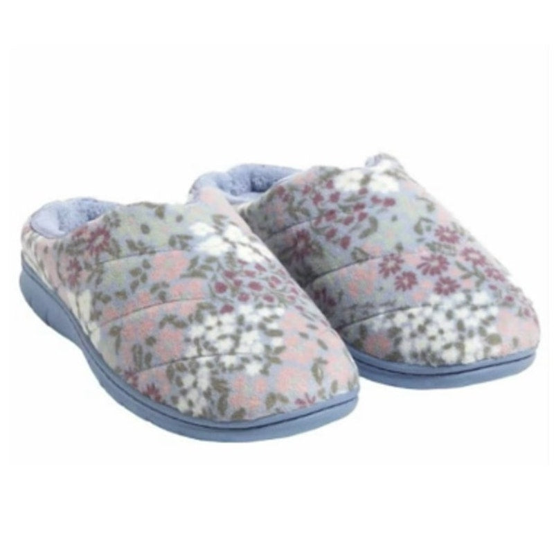 New In Box Dearfoams Womens Medium 7/8 Blue Floral Memory Foam House Slippers