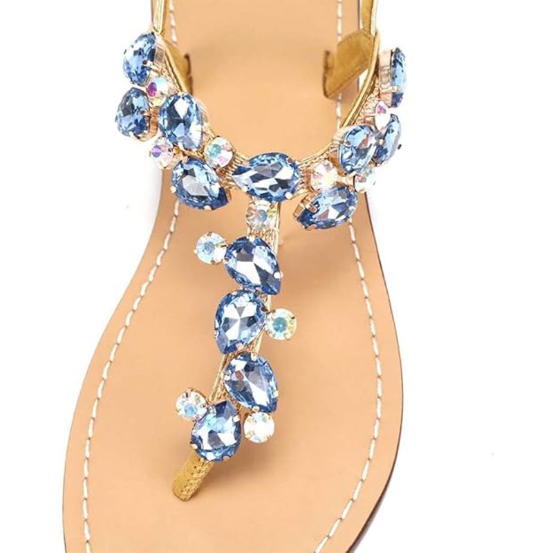 Aijivou Womens Size 9.5 Blue Rhinestone Sandals Flip Flop Open Round Toe Shoes