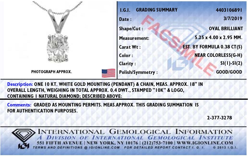 IGI Certified 10K White Gold 3/8 cttw Prong Set Diamond Oval Pendant Necklace (I-J Color, I1 Clarity) - Size 18"-3