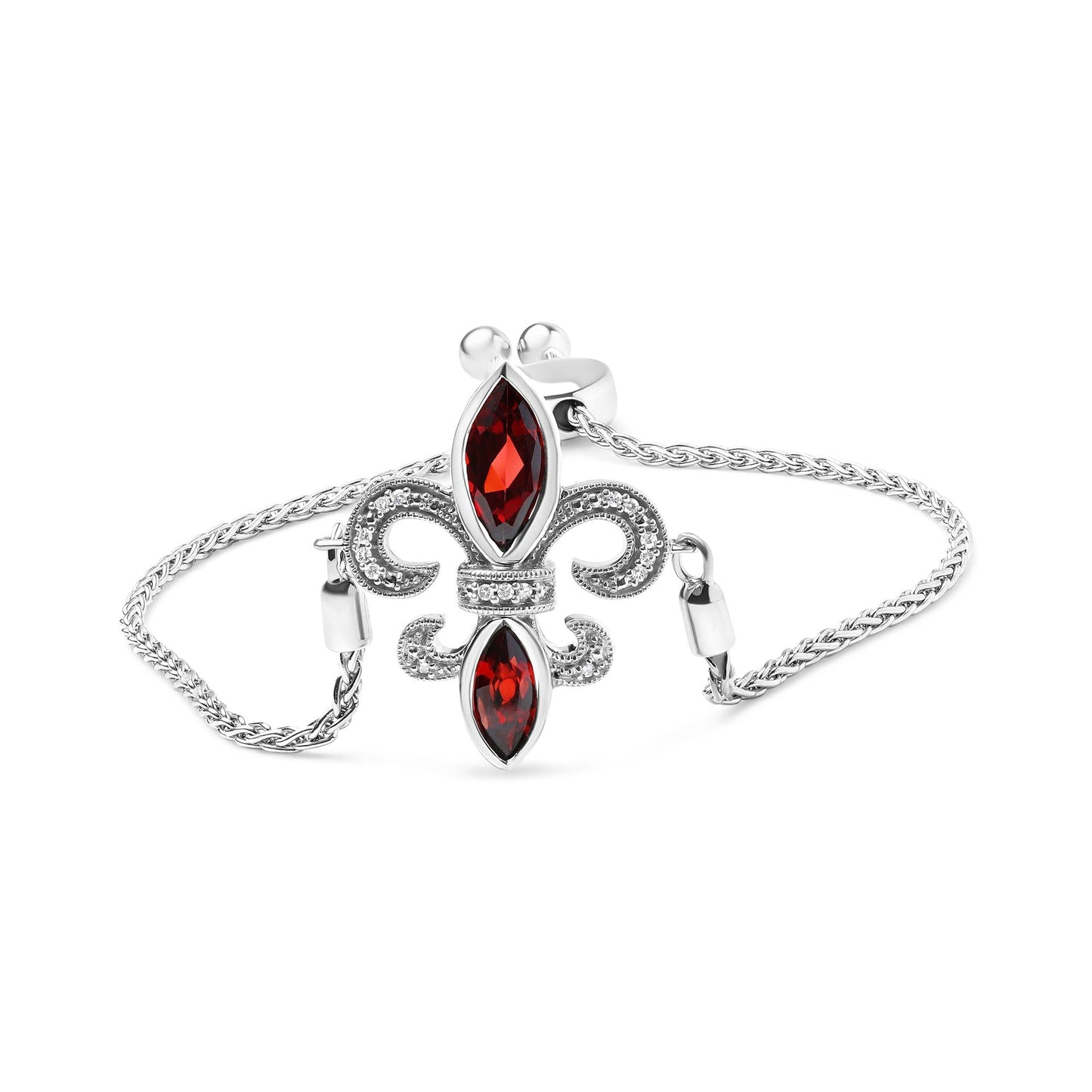 .925 Sterling Silver Marquise Garnet  and Diamond Accent Lariat 4”-10” Fleur De Lis Adjustable Bolo Bracelet (H-I Color, SI1-SI2 Clarity)-0