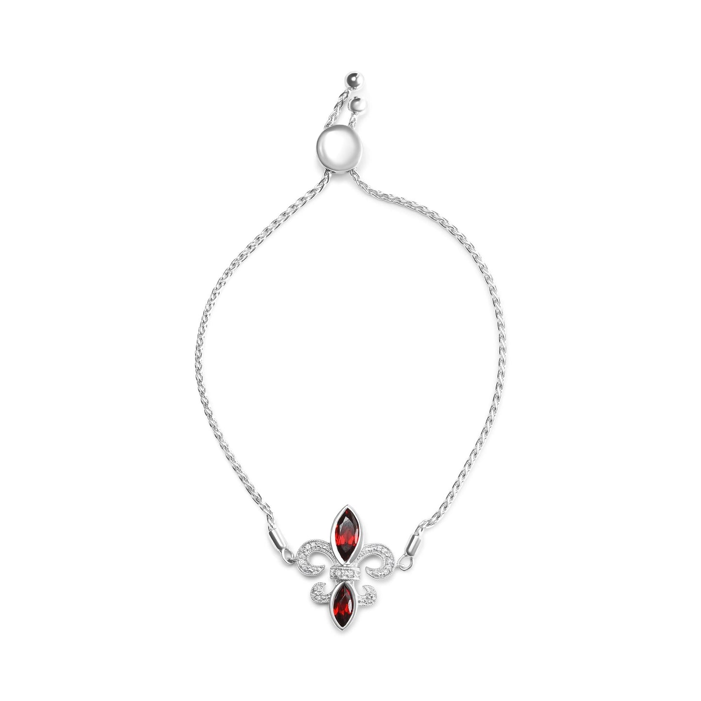 .925 Sterling Silver Marquise Garnet  and Diamond Accent Lariat 4”-10” Fleur De Lis Adjustable Bolo Bracelet (H-I Color, SI1-SI2 Clarity)-1