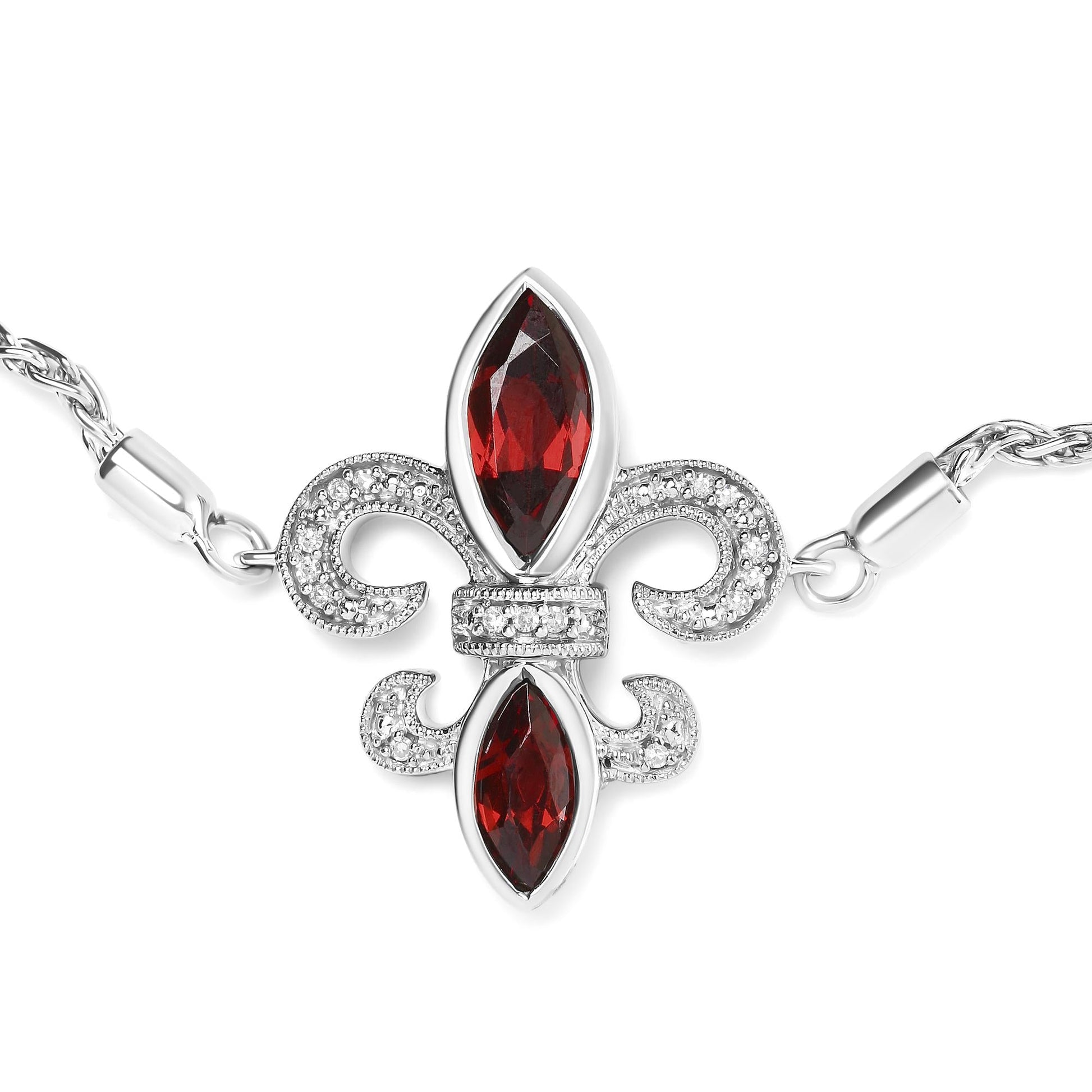 .925 Sterling Silver Marquise Garnet  and Diamond Accent Lariat 4”-10” Fleur De Lis Adjustable Bolo Bracelet (H-I Color, SI1-SI2 Clarity)-3