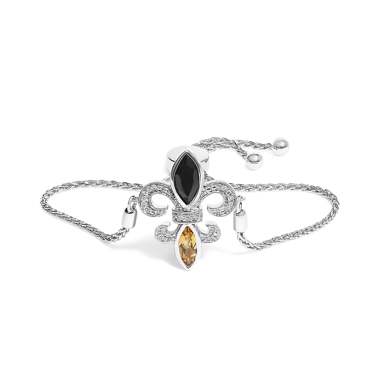 .925 Sterling Silver Marquise Black Onyx, Orange Citrine, and Diamond Accent Lariat 4”-10” Fleur De Lis Adjustable Bolo Bracelet (I-J Color, I1-I2 Clarity) - 7"-0