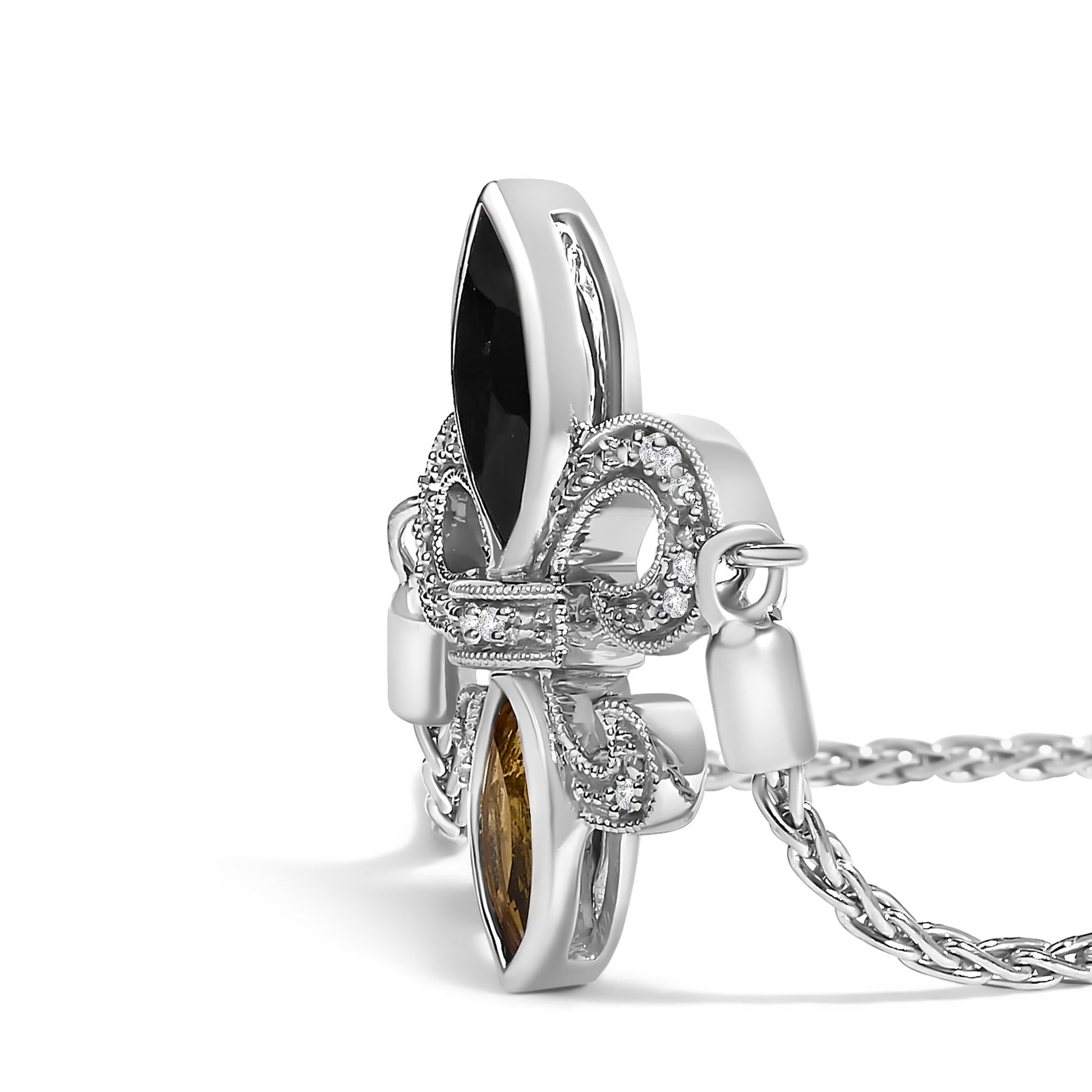 .925 Sterling Silver Marquise Black Onyx, Orange Citrine, and Diamond Accent Lariat 4”-10” Fleur De Lis Adjustable Bolo Bracelet (I-J Color, I1-I2 Clarity) - 7"-3