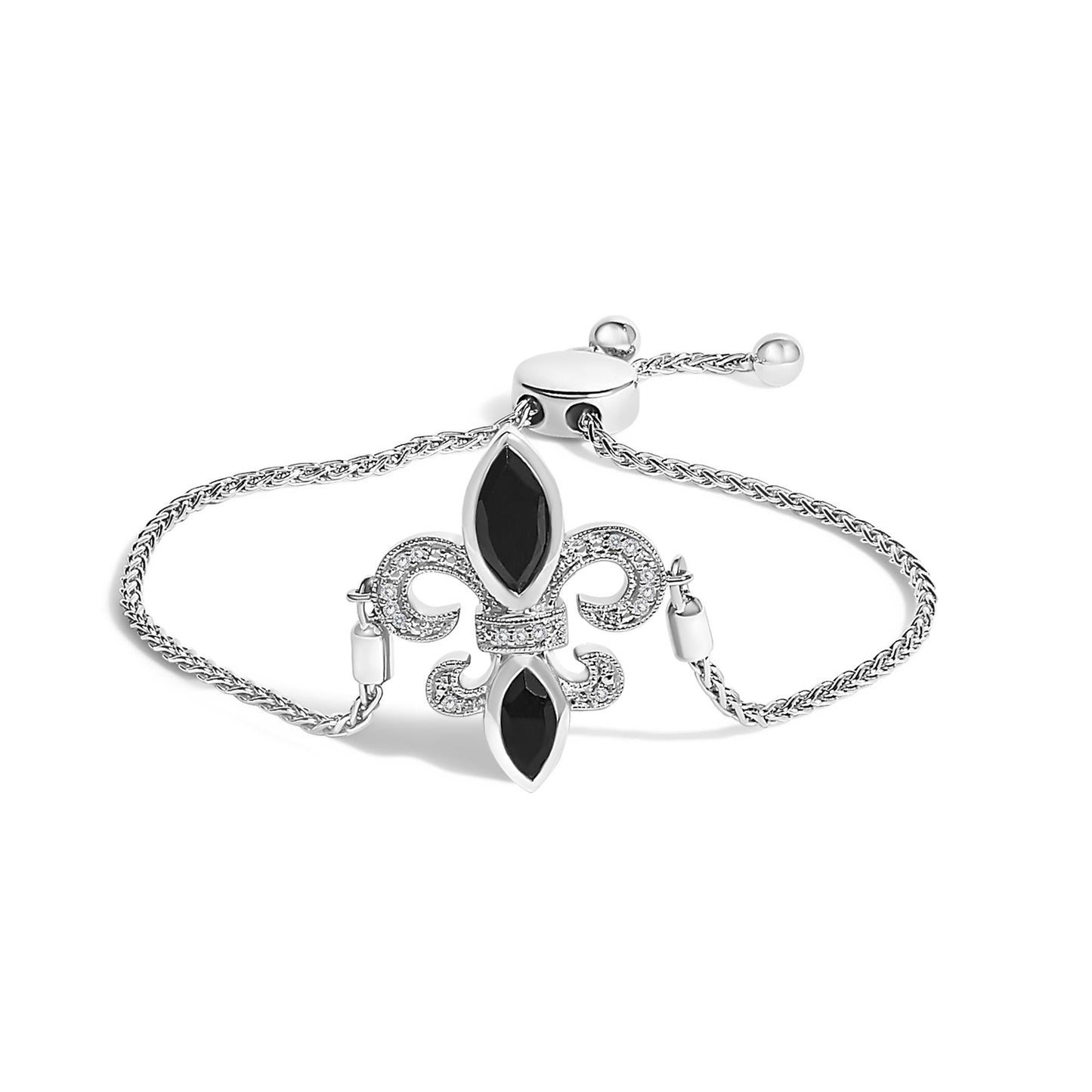 .925 Sterling Silver Marquise Black Onyx and Diamond Accent Lariat 4”-10” Fleur De Lis Adjustable Bolo Bracelet (I-J Color, I1-I2 Clarity)-0