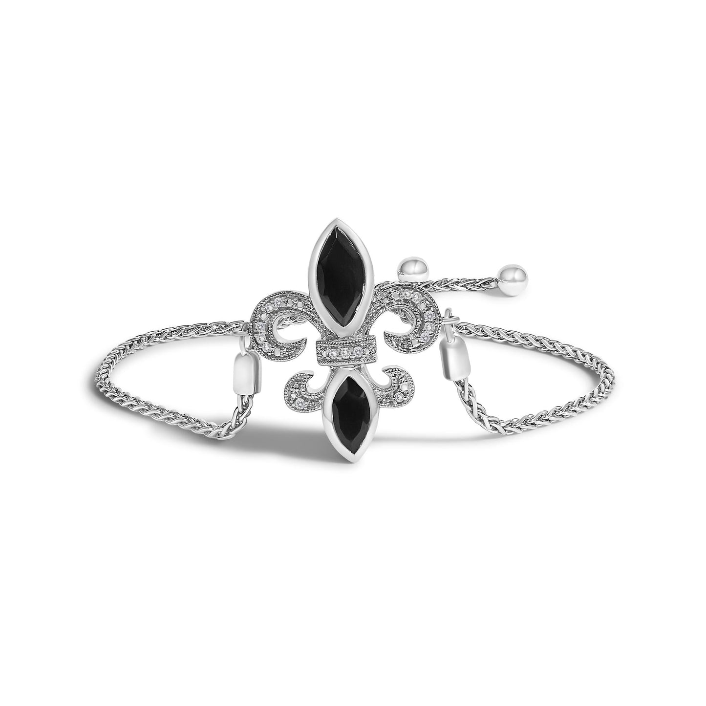 .925 Sterling Silver Marquise Black Onyx and Diamond Accent Lariat 4”-10” Fleur De Lis Adjustable Bolo Bracelet (I-J Color, I1-I2 Clarity)-1