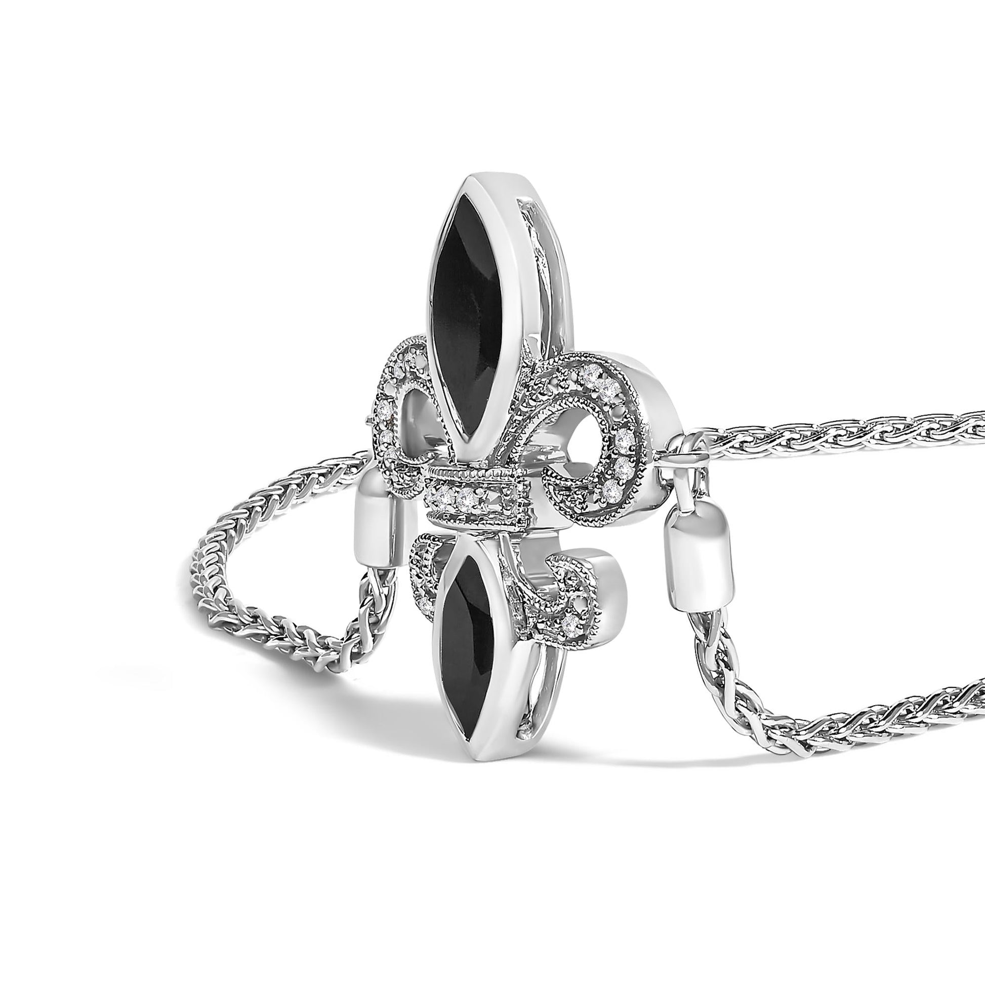 .925 Sterling Silver Marquise Black Onyx and Diamond Accent Lariat 4”-10” Fleur De Lis Adjustable Bolo Bracelet (I-J Color, I1-I2 Clarity)-3