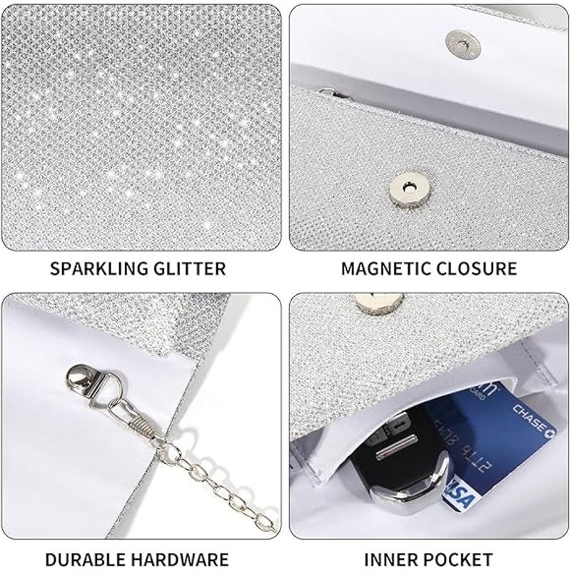 IovyoCoCo Womens Silver Glitter Magnetic Closure Chain Strap Handbag Clutch