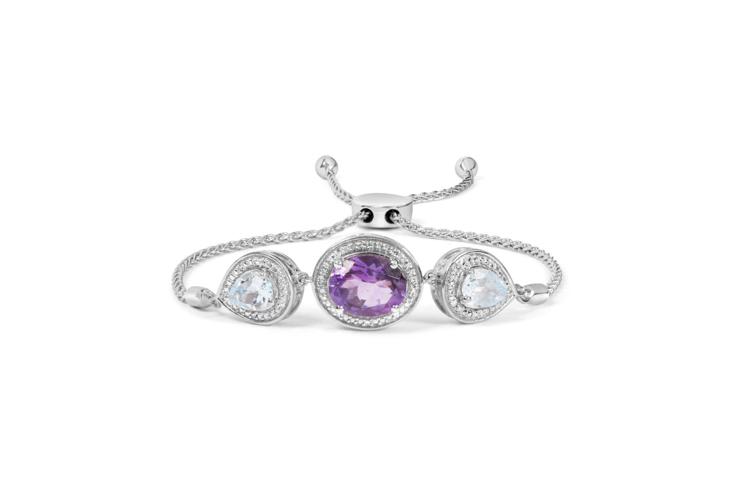 .925 Sterling Silver Oval Amethyst and Pear Blue Topaz with Diamond Accent Lariat 4”-10” Adjustable Bolo Bracelet (H-I Color, SI1-SI2 Clarity)-1