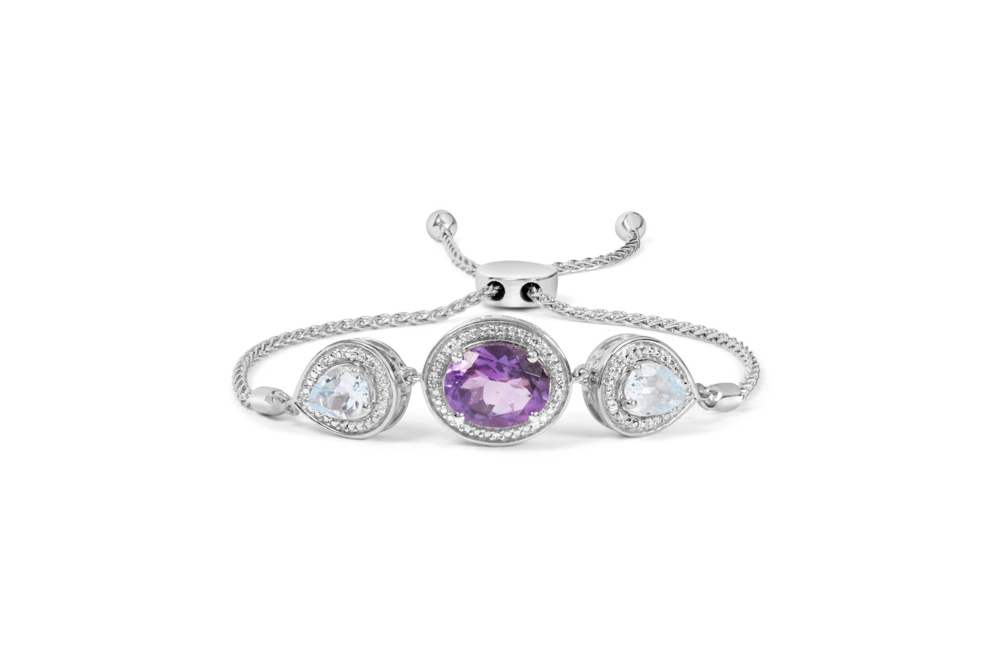 .925 Sterling Silver Oval Amethyst and Pear Blue Topaz with Diamond Accent Lariat 4”-10” Adjustable Bolo Bracelet (H-I Color, SI1-SI2 Clarity)-1