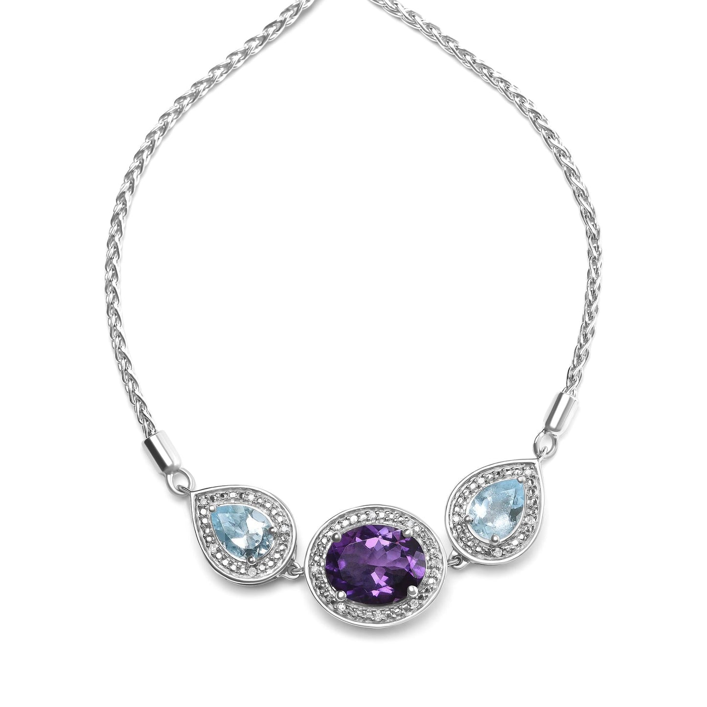 .925 Sterling Silver Oval Amethyst and Pear Blue Topaz with Diamond Accent Lariat 4”-10” Adjustable Bolo Bracelet (H-I Color, SI1-SI2 Clarity)-4