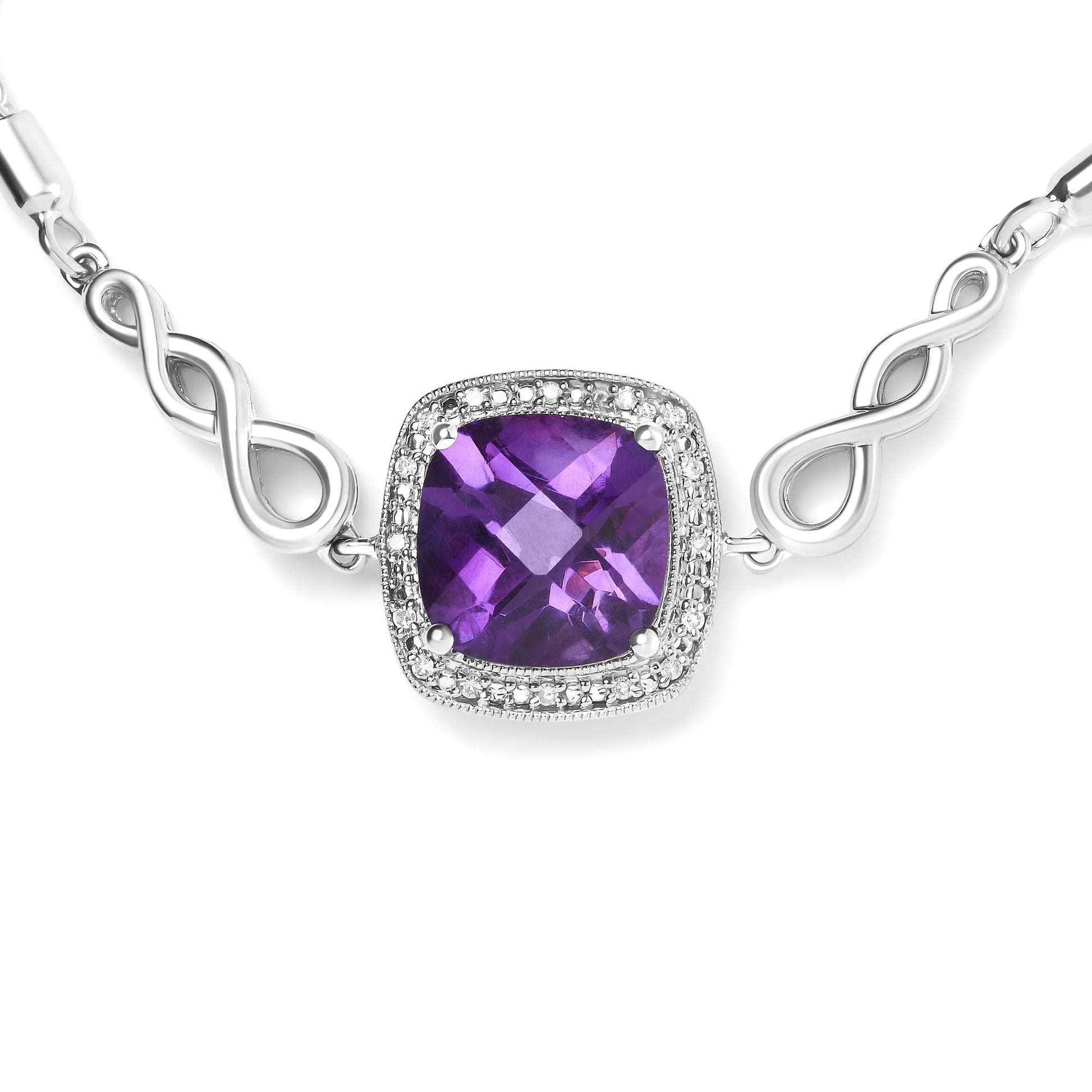 .925 Sterling Silver 10mm Cushion Cut Amethyst Gemstone and Diamond Accent Lariat 4”-10” Adjustable Bolo Bracelet (H-I Color, SI1-SI2 Clarity)-3