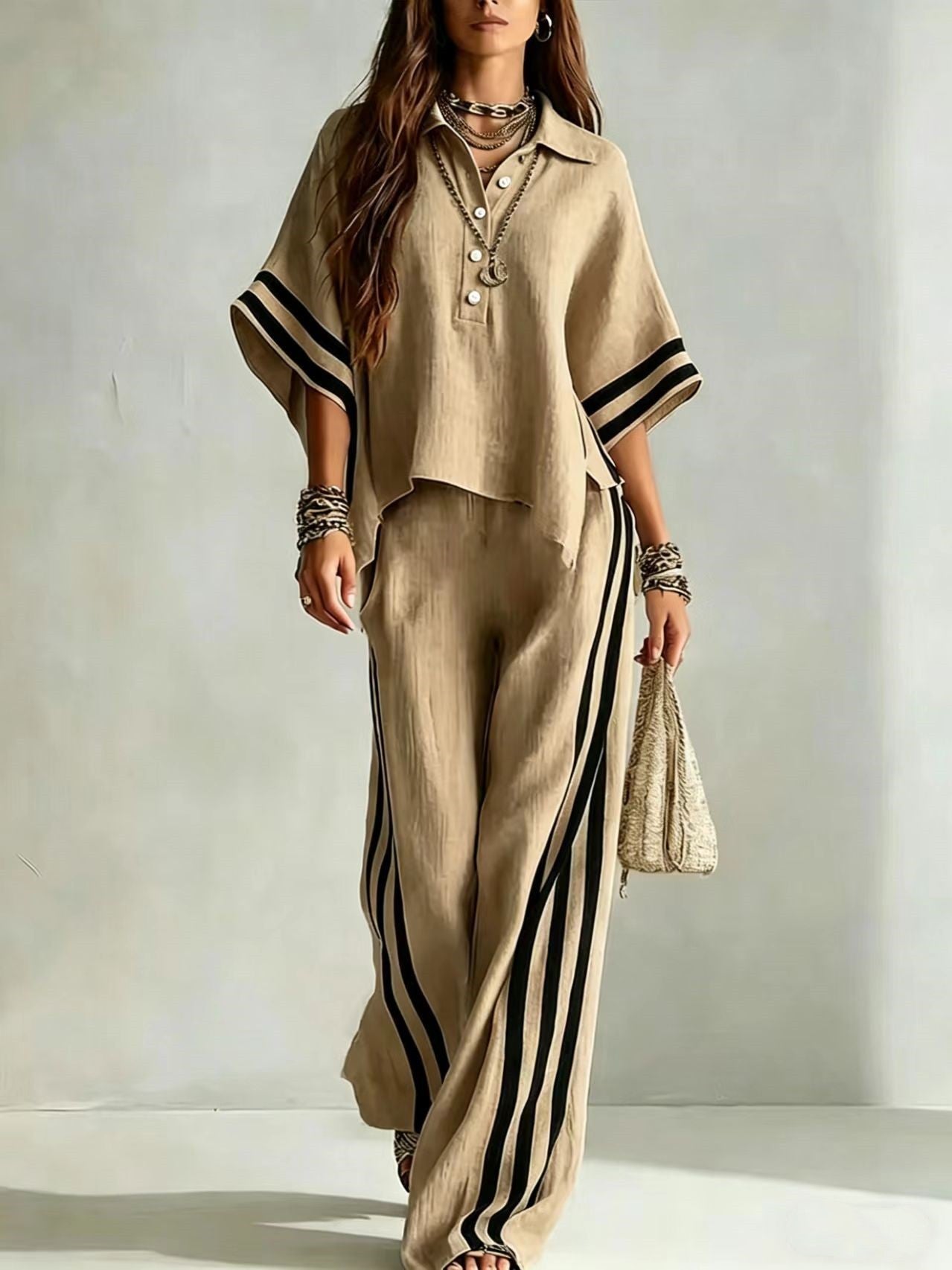 Womens Clothing Short-Sleeve Shirt And Loose Pants Two-Piece Set