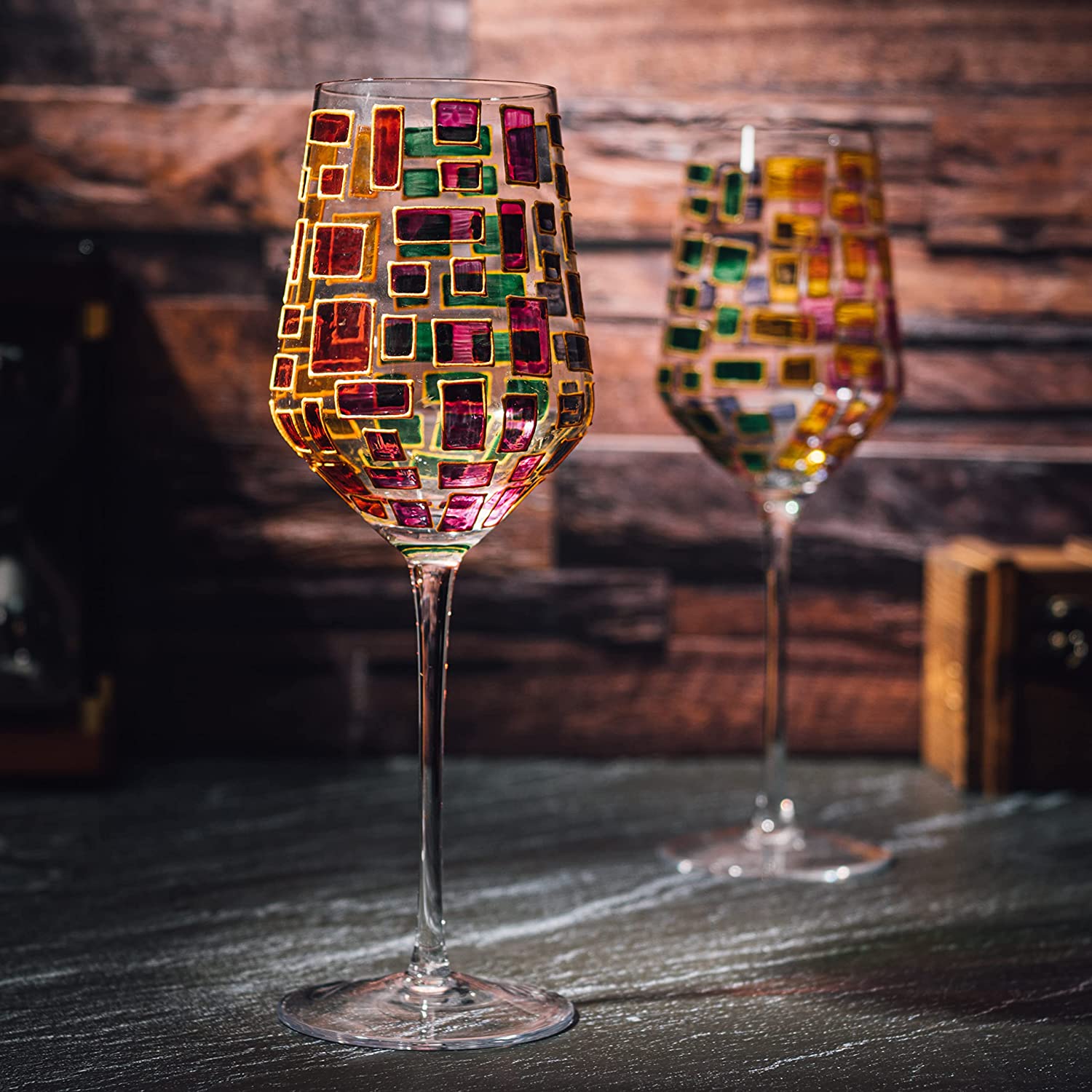 The Wine Savant Renaissance Stained Glass Windows, Artisanal Hand Painted Glassware Gift Idea Her, Him, Birthday, Mom, Housewarming, Gifts Ideas for Women & Men Art Deco (Stemmed Wine Glasses)-1
