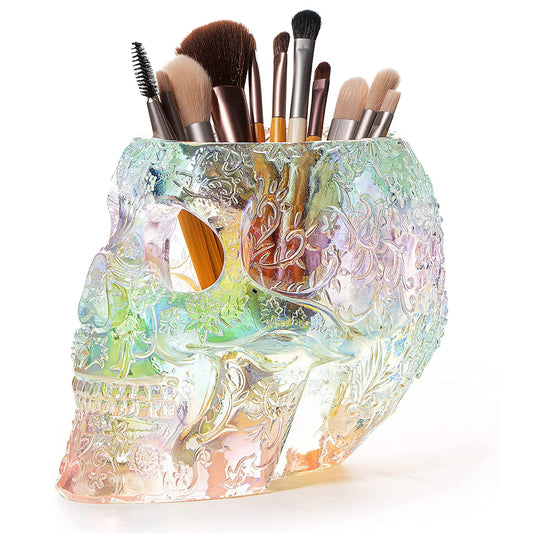 Skull Makeup Brush Holder, Pen Holder, Vanity, Desk, Office Organizer, Stationary, Decor Planter, Candy Bowl, Goth Decorations, Extra Large, Skulls Gothic Skull & Bones Organizer Bathroom (iridescent)-0