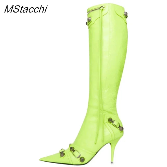 New Metal Rivet Women High Knee Boots Pointed Toe Thin Heels Designer Shoes Party Tassels Zipper-Sid Long Botas De Mujer