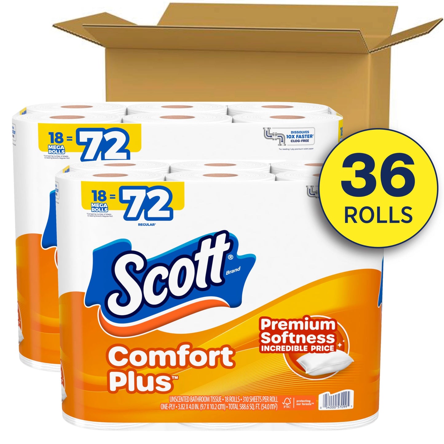 Scott ComfortPlus Toilet Paper, 12 Triple Rolls, 231 Sheets per Roll, Septic-Safe, 1-Ply Toilet Tissue