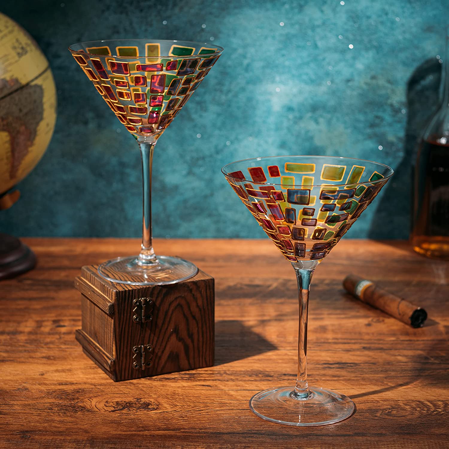 Renaissance Holiday Stained Glass Windows, Artisanal Hand Painted Glassware - The Wine Savant - Gift Idea Her, Him, Birthday, Mom, Housewarming, Gifts Ideas for Women & Men (Martini Glasses)-2
