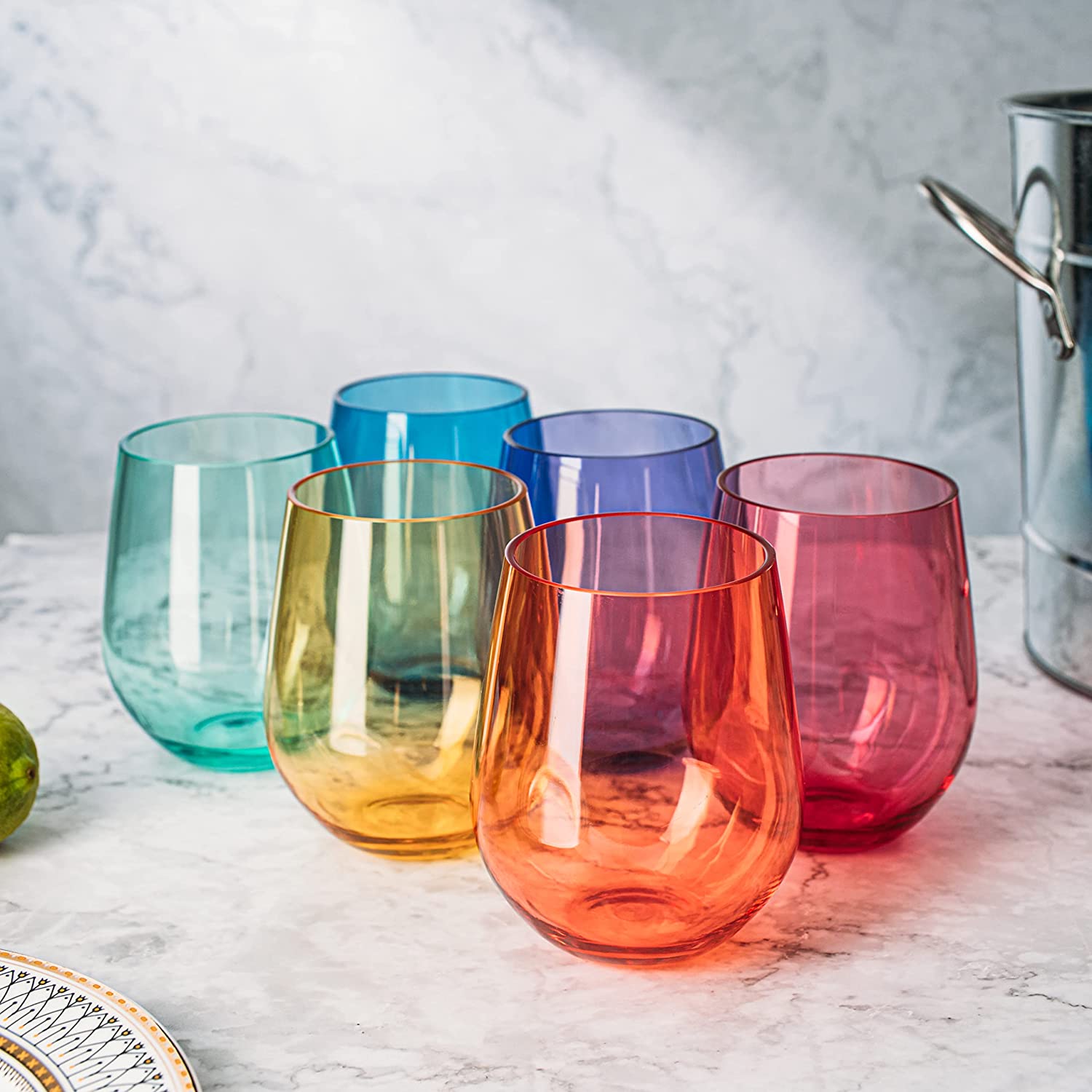 European Style Crystal, Stemless Wine Glasses, Acrylic Glasses Tritan Drinkware, Unbreakable Colored, 6 - Set - Shatterproof BPA-free plastic, Reusable, All Purpose Glassware, 15oz-2