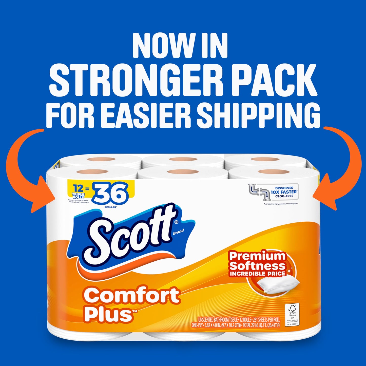 Scott ComfortPlus Toilet Paper, 12 Triple Rolls, 231 Sheets per Roll, Septic-Safe, 1-Ply Toilet Tissue