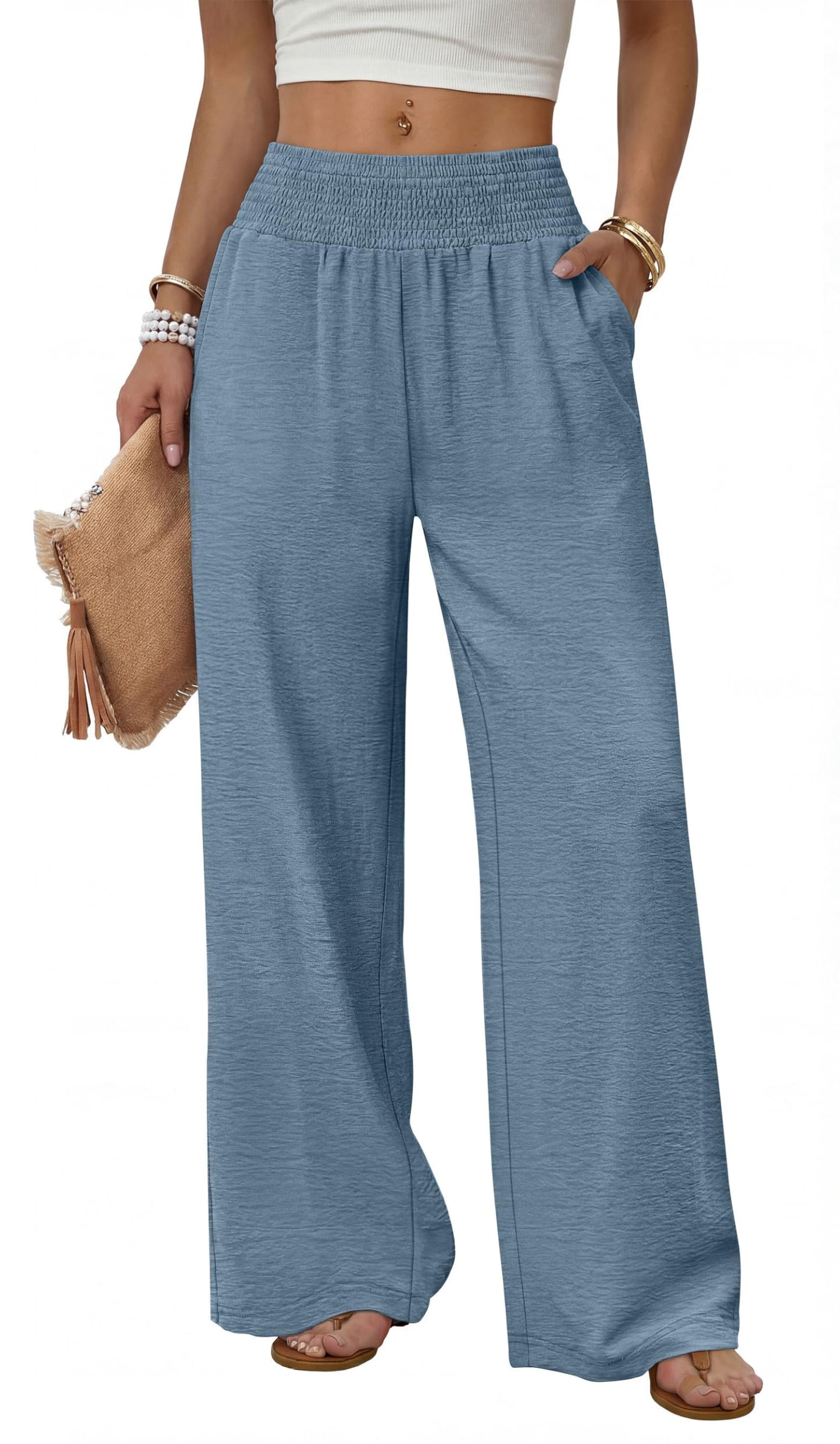 Sampeel Wide Leg Pants Woman High Waist Trousers with Pockets Casual Lounge