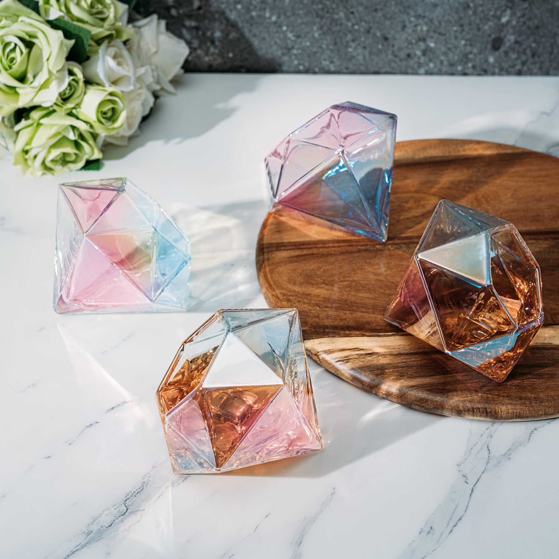 Set of 4 Diamond Whiskey & Wine Glasses 10oz - Wine, Whiskey, Water, Diamond Shaped, Diamonds Collection Sparkle Patented Wine Savant - Stands Alone, Or on Stand (Iridescent)-4