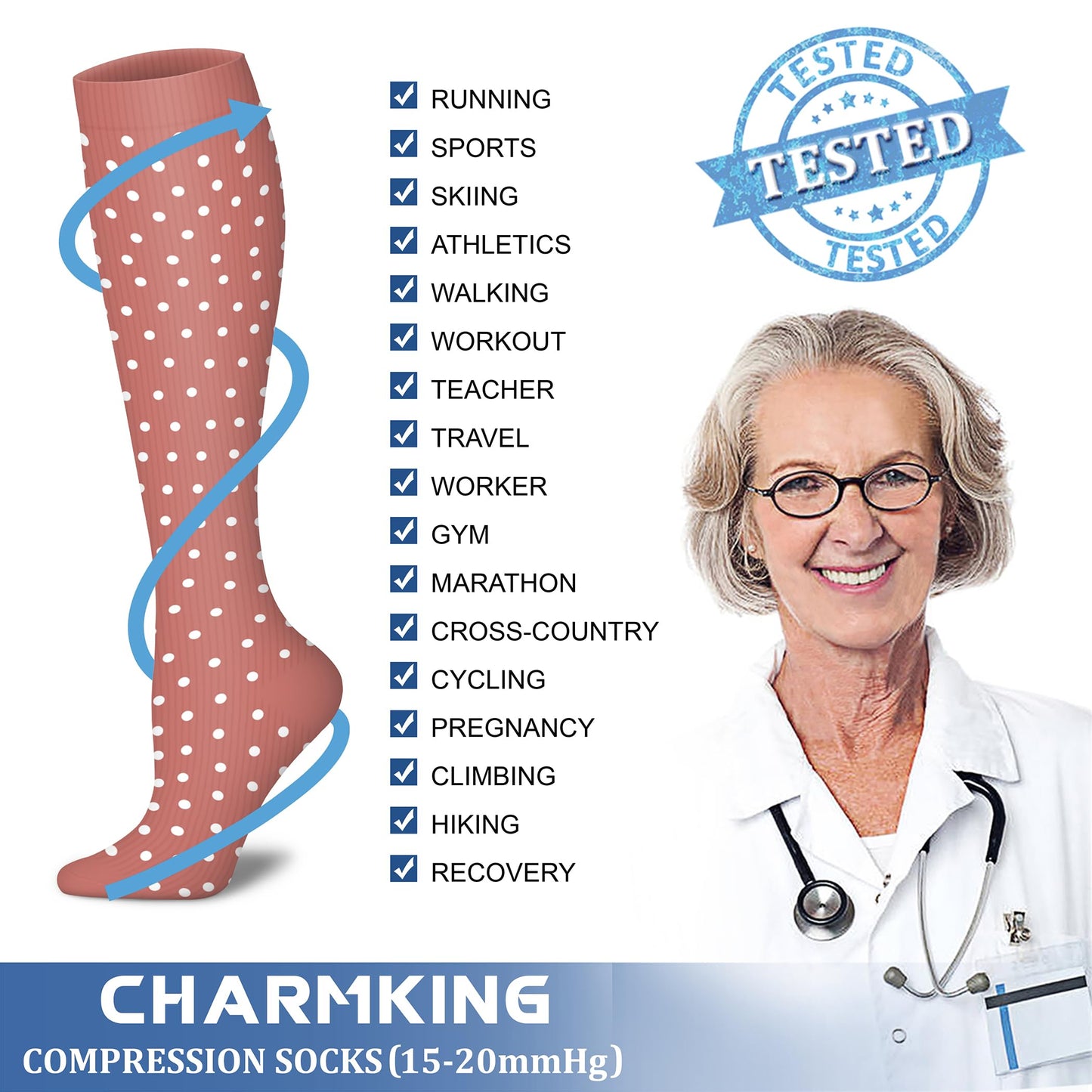 CHARMKING Compression Socks for Women & Men Circulation (8 Pairs) 15-20 mmHg is Best Support for Athletic Running,Cycling