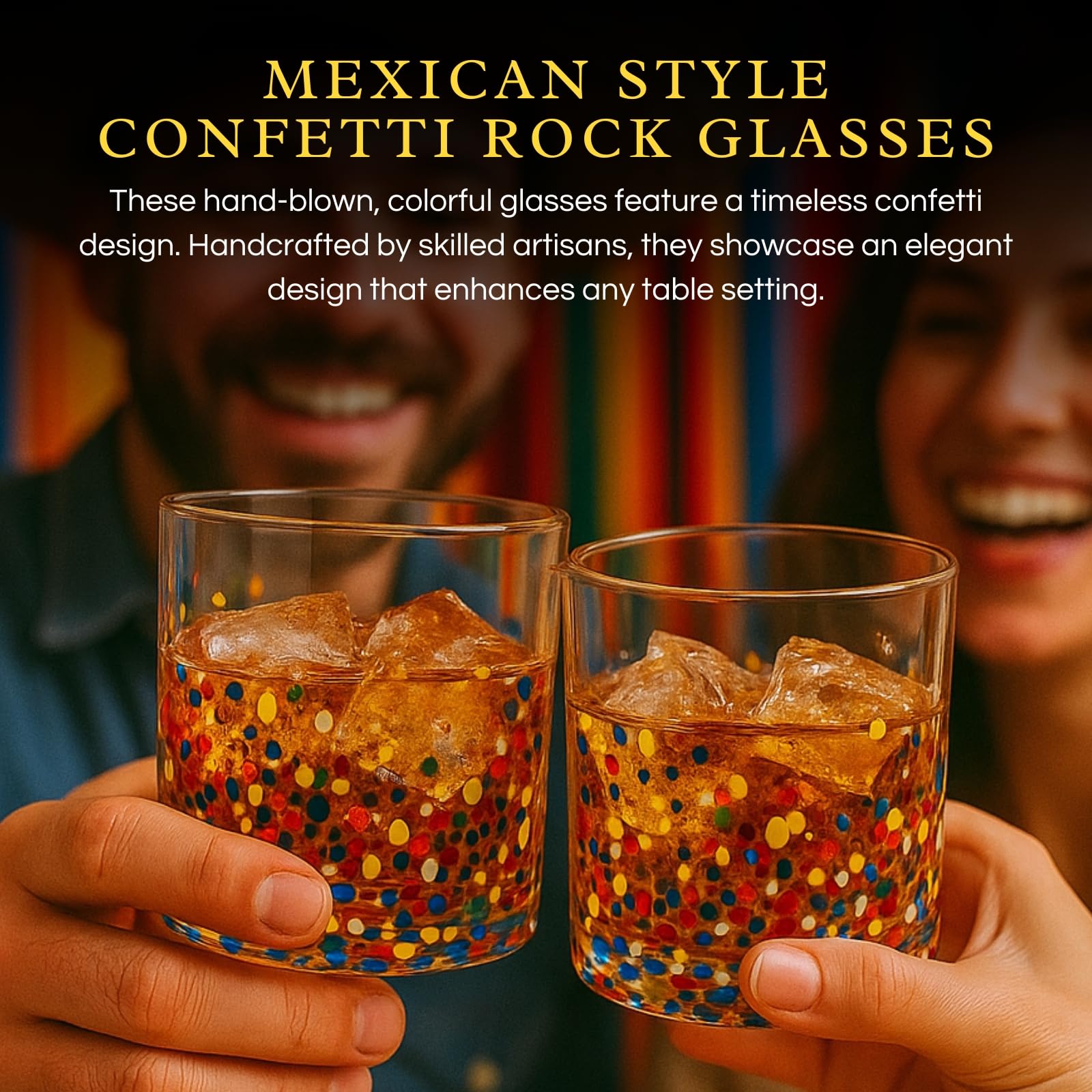 Large Confetti  DOF Glasses – Set of 2- 11oz Luxury Hand Blown Confetti Whiskey, Margarita, Martini, Cocktails, Water, Wine, Dessert & Champagne Glasses Cinco de Mayo, Hand Blown - Mexican Water Glass-2