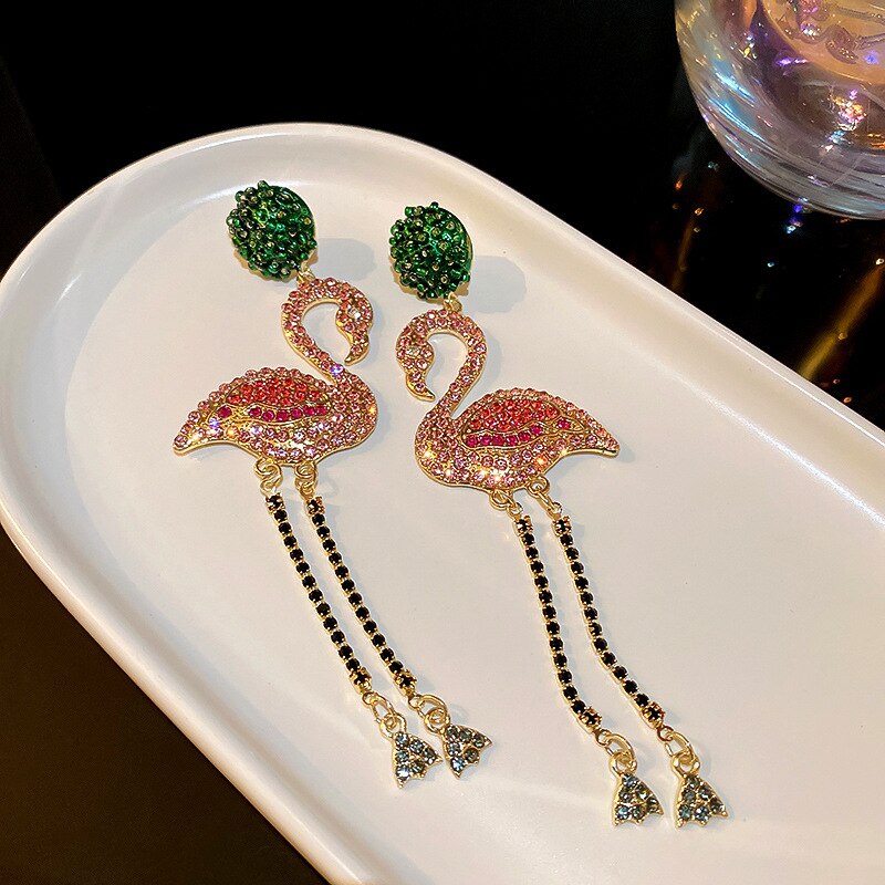 Crystal Pink Flamingo Earrings Tassel Rhinestone Dangle Earrings for Women Long Birds Statement Jewelry Gift Party