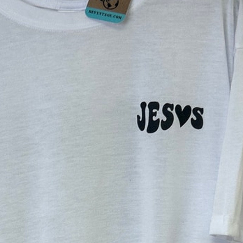 New Hand Printed Mens XL White Jesus Has My Back Short Sleeve Crew Tee Shirt